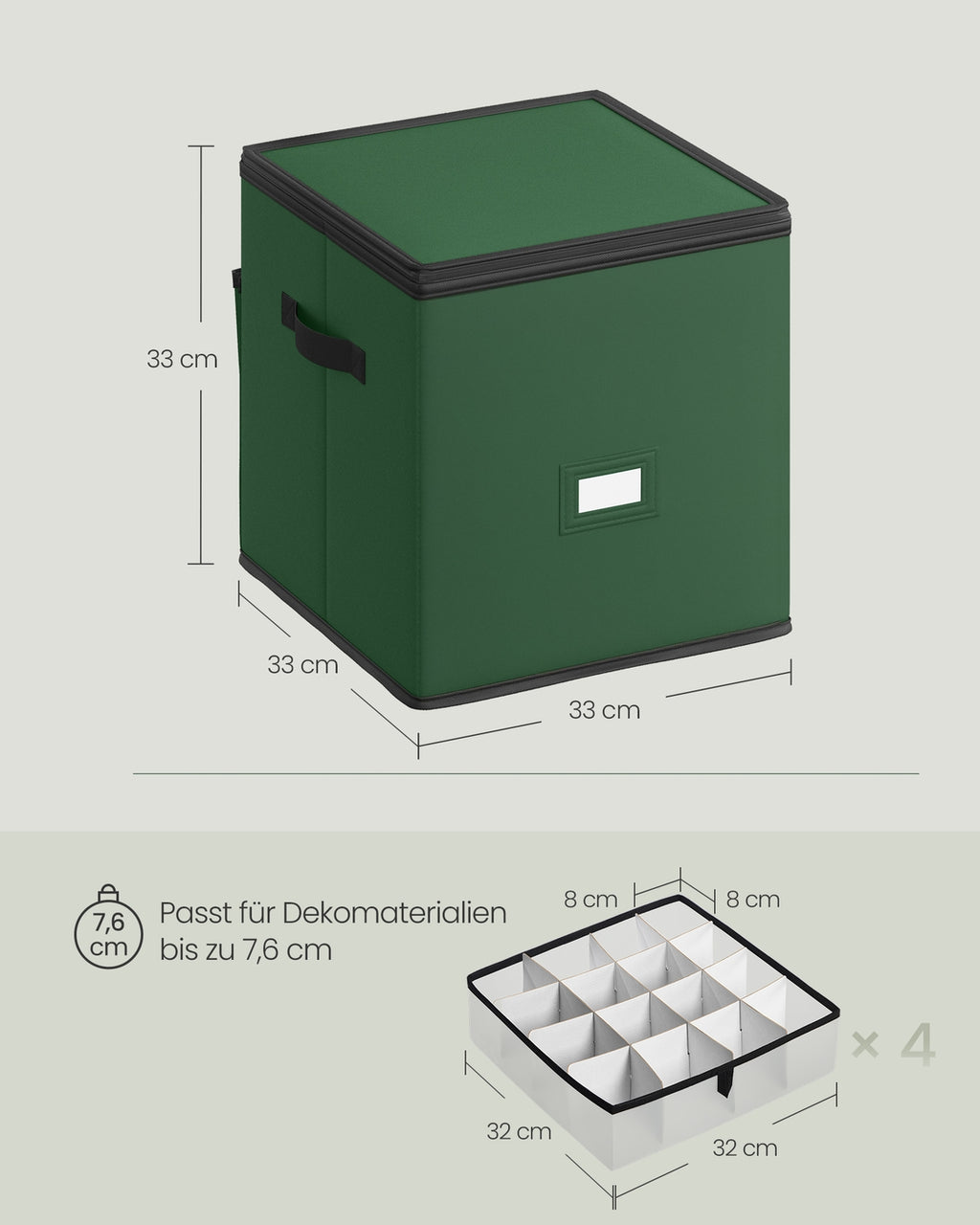 Aufbewahrungsbox für Weihnachtskugeln, Weihnachtskugeln Aufbewahrung, mit Deckel, Doppelreißverschluss, Tabletts aus PP-Kunststoff, Oxford-Gewebe, 64 Fächer je 7,6 cm