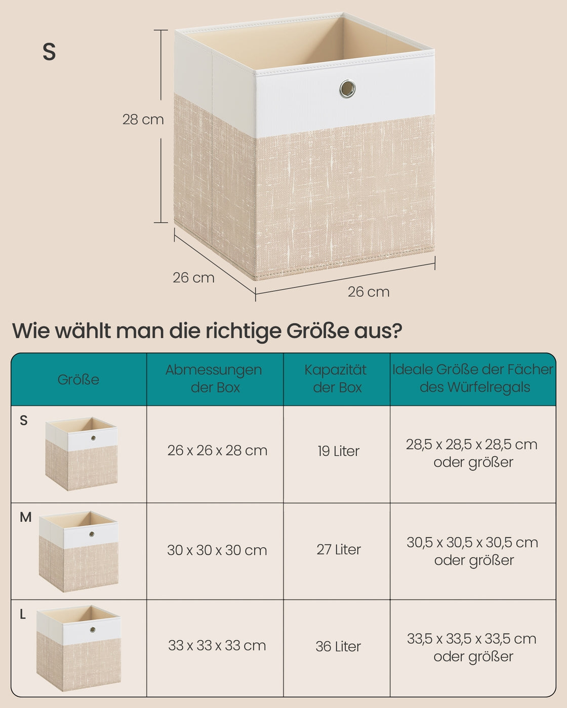 Aufbewahrungsbox 6er Set mit PP-Platten 26 × 26 × 28 cm wolkenweiß- sandbeige
