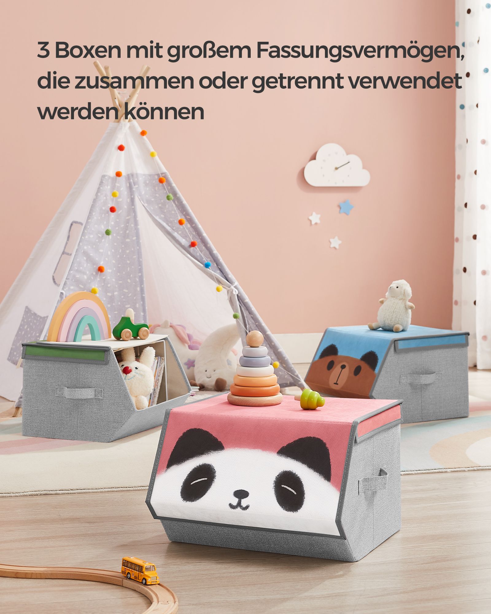 Aufbewahrungsboxen 3er Set Panda-, Bär-, Schwein- Motive