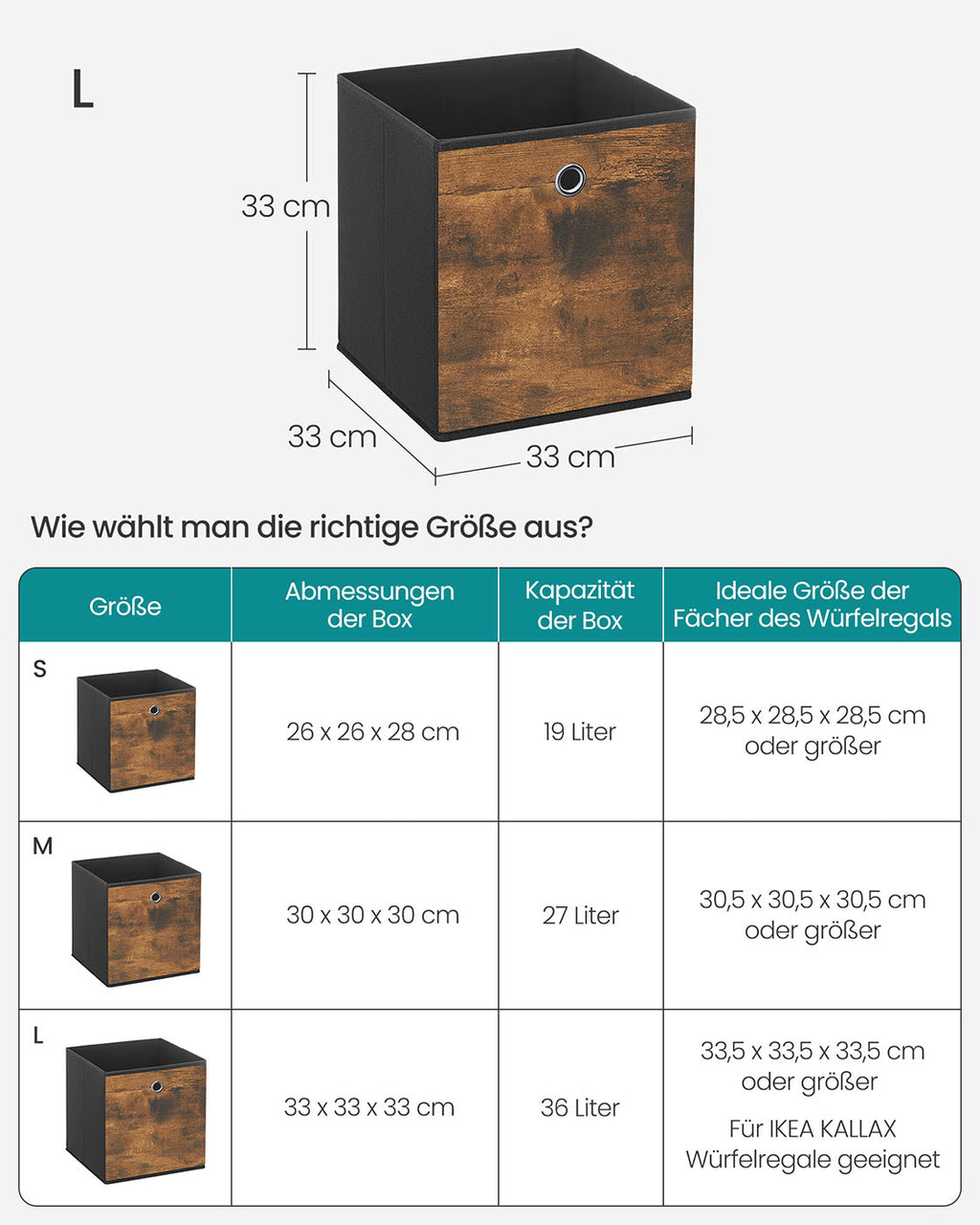 Aufbewahrungsbox 8er Set Stoffbox 33 x 33 x 33 cm vintagebraun-schwarz