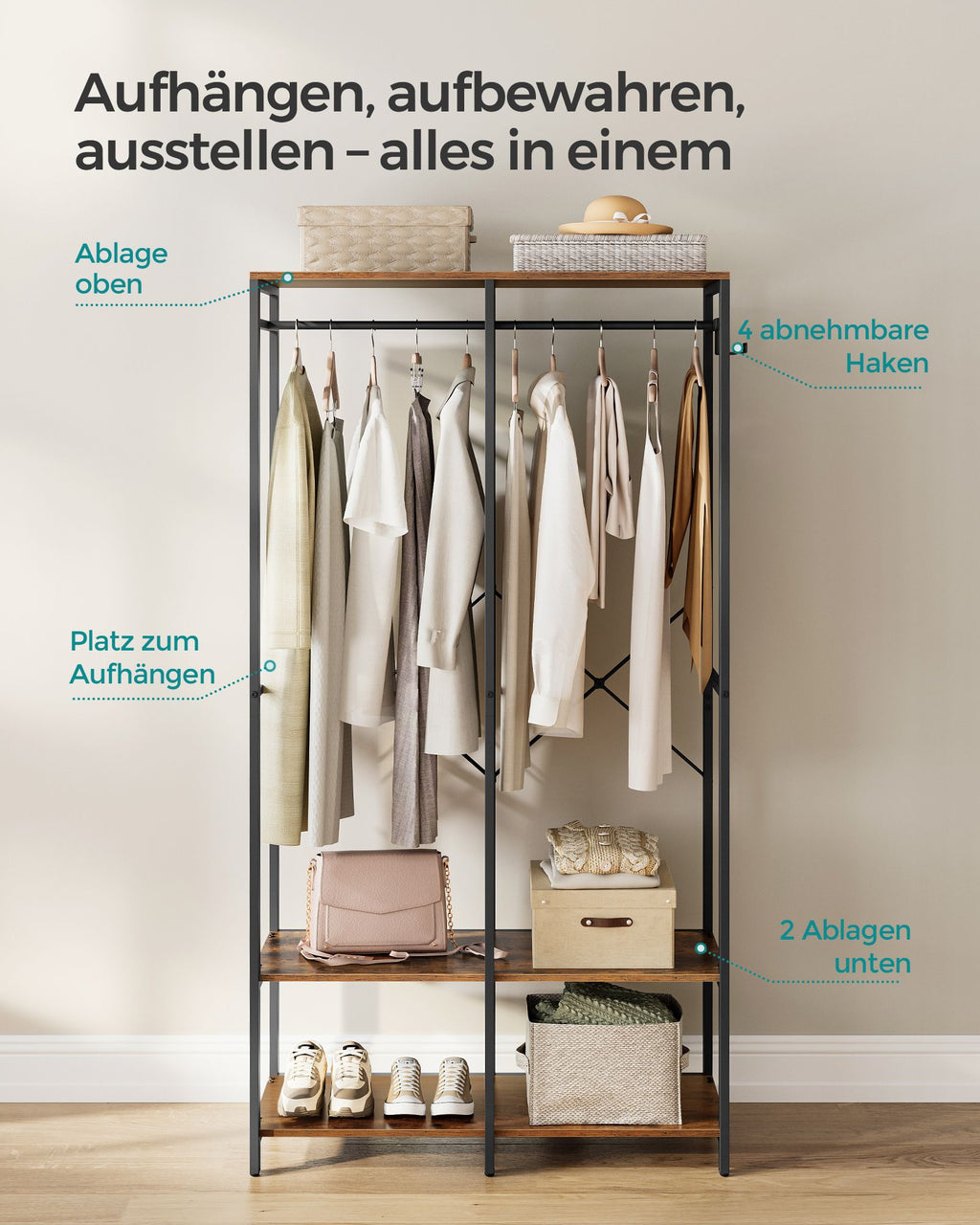 Kleiderschrank offen mit Kleiderstange vintagebraun