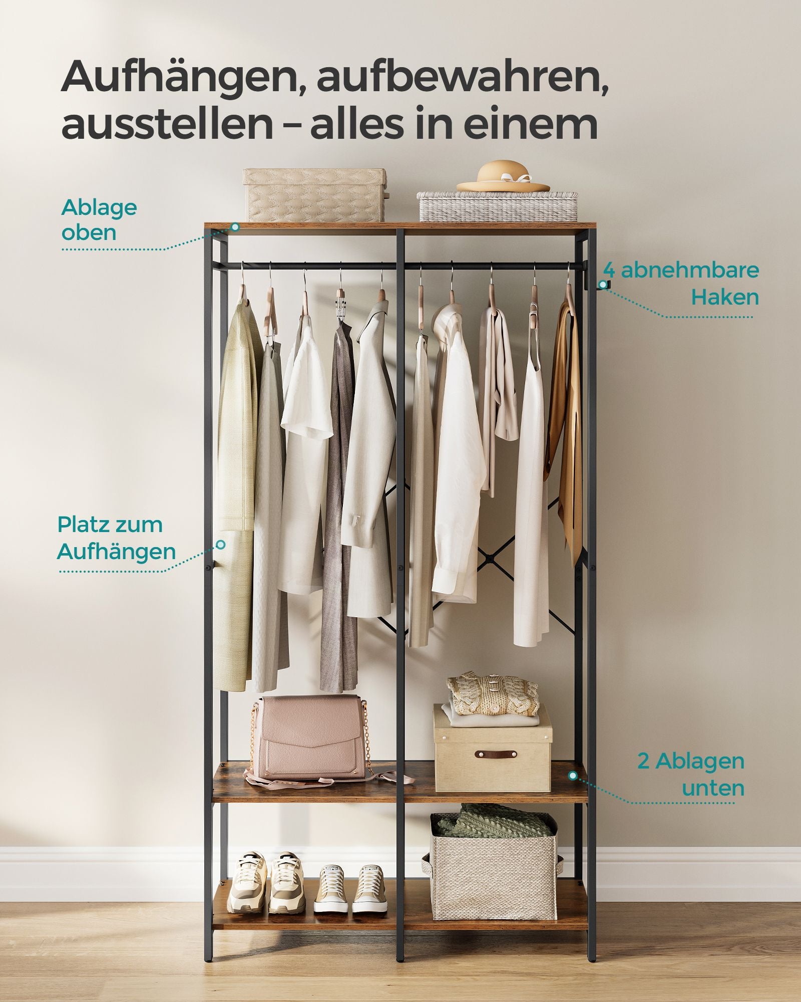 Kleiderschrank offen mit Kleiderstange vintagebraun