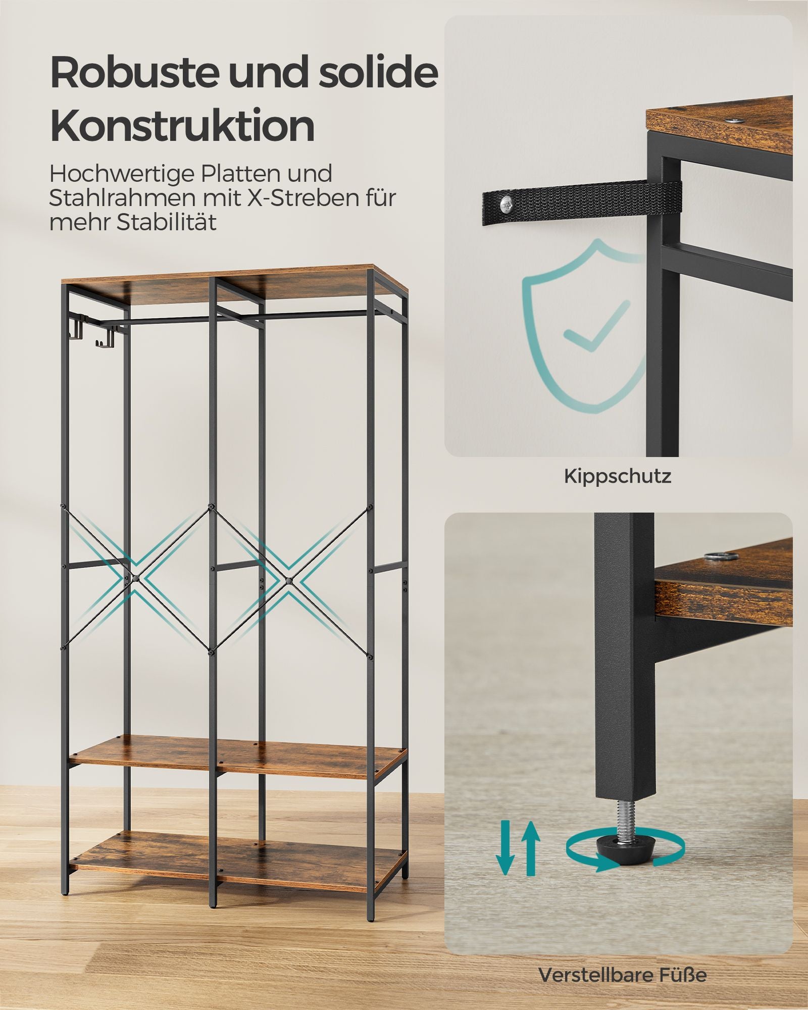 Kleiderschrank offen mit Kleiderstange vintagebraun