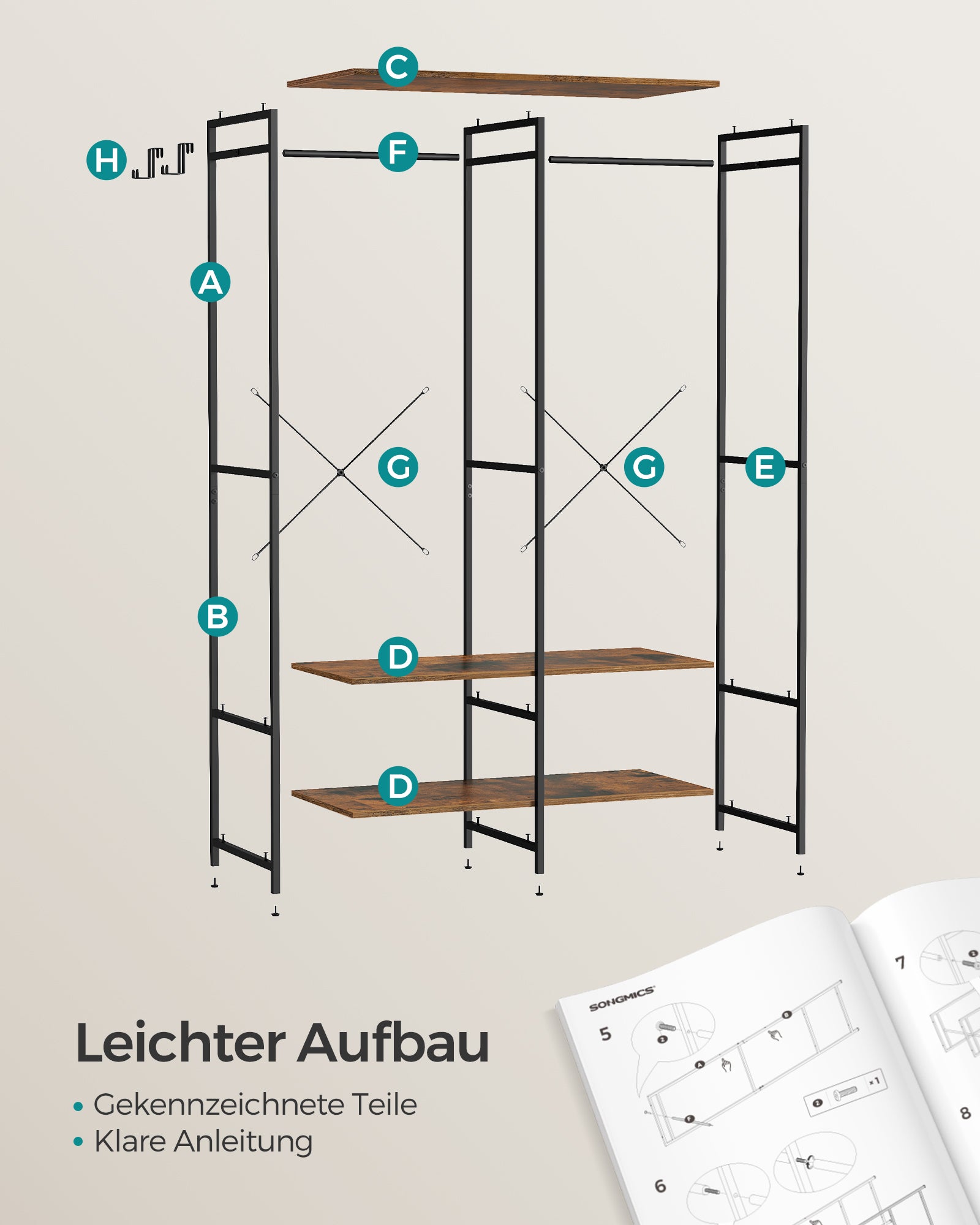 Kleiderschrank offen mit Kleiderstange vintagebraun