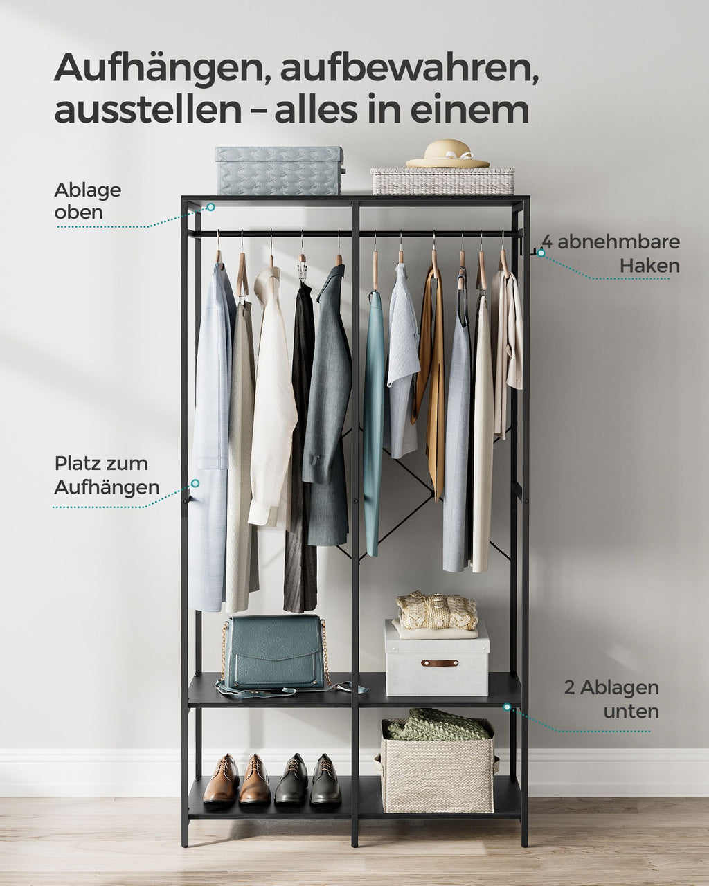 Kleiderschrank offen mit Kleiderstange ebenholzschwarz