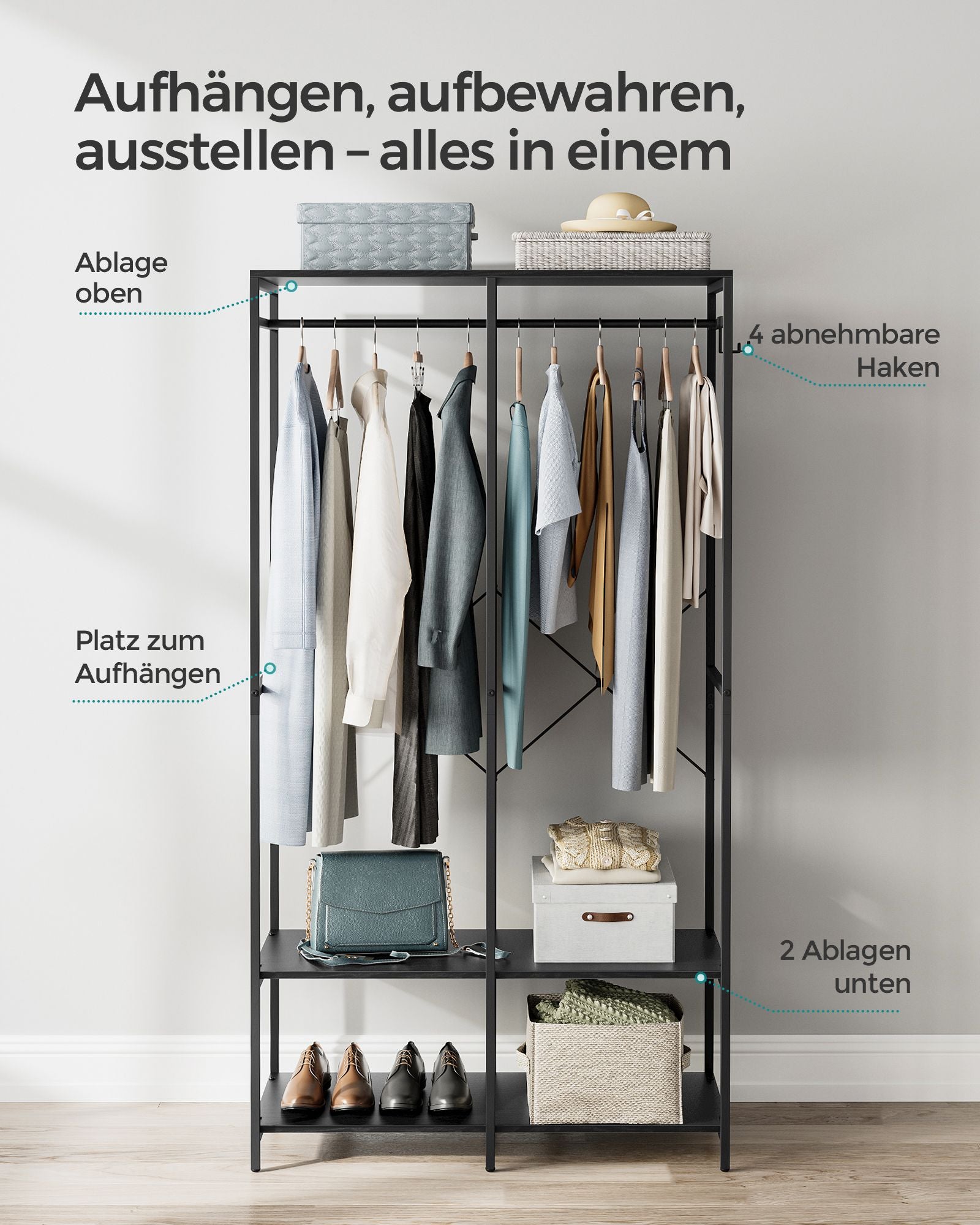 Kleiderschrank offen mit Kleiderstange ebenholzschwarz