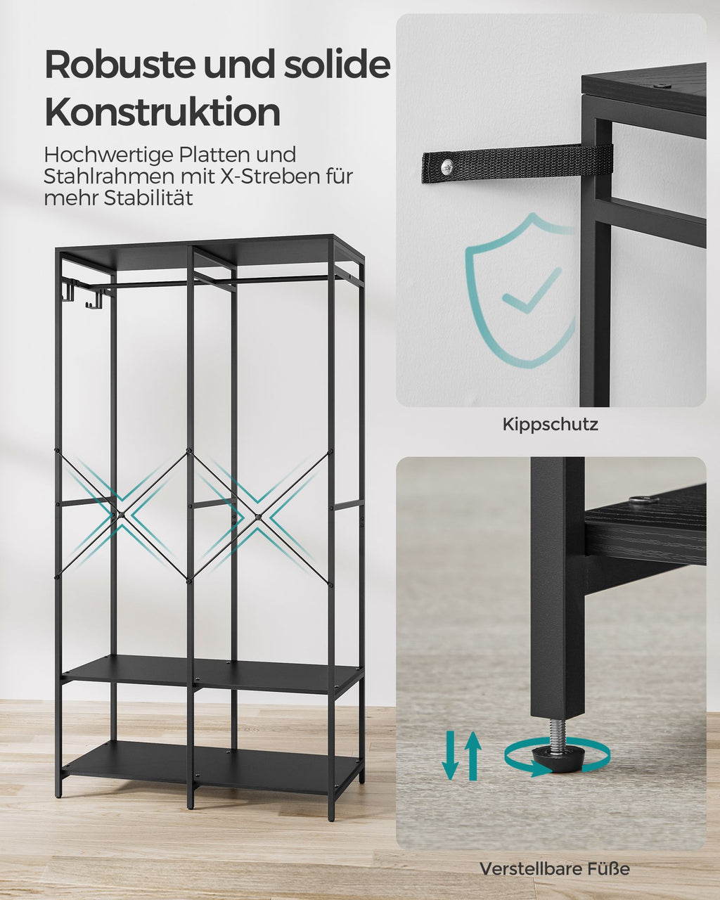 Kleiderschrank offen mit Kleiderstange ebenholzschwarz