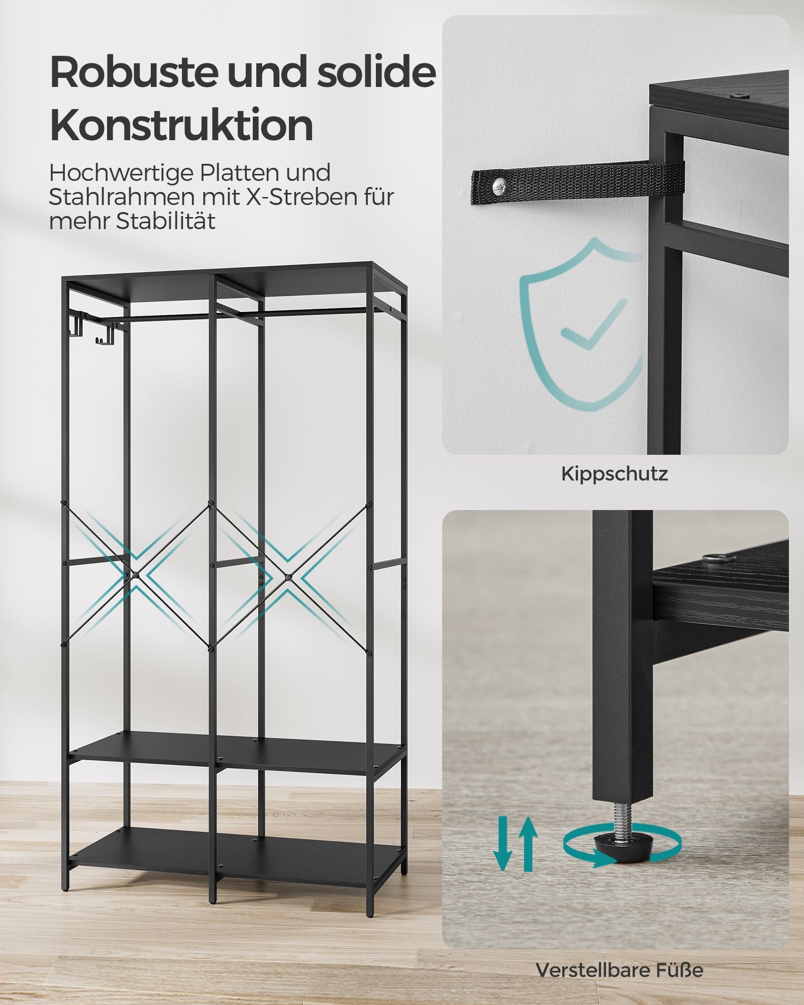 Kleiderschrank offen mit Kleiderstange ebenholzschwarz