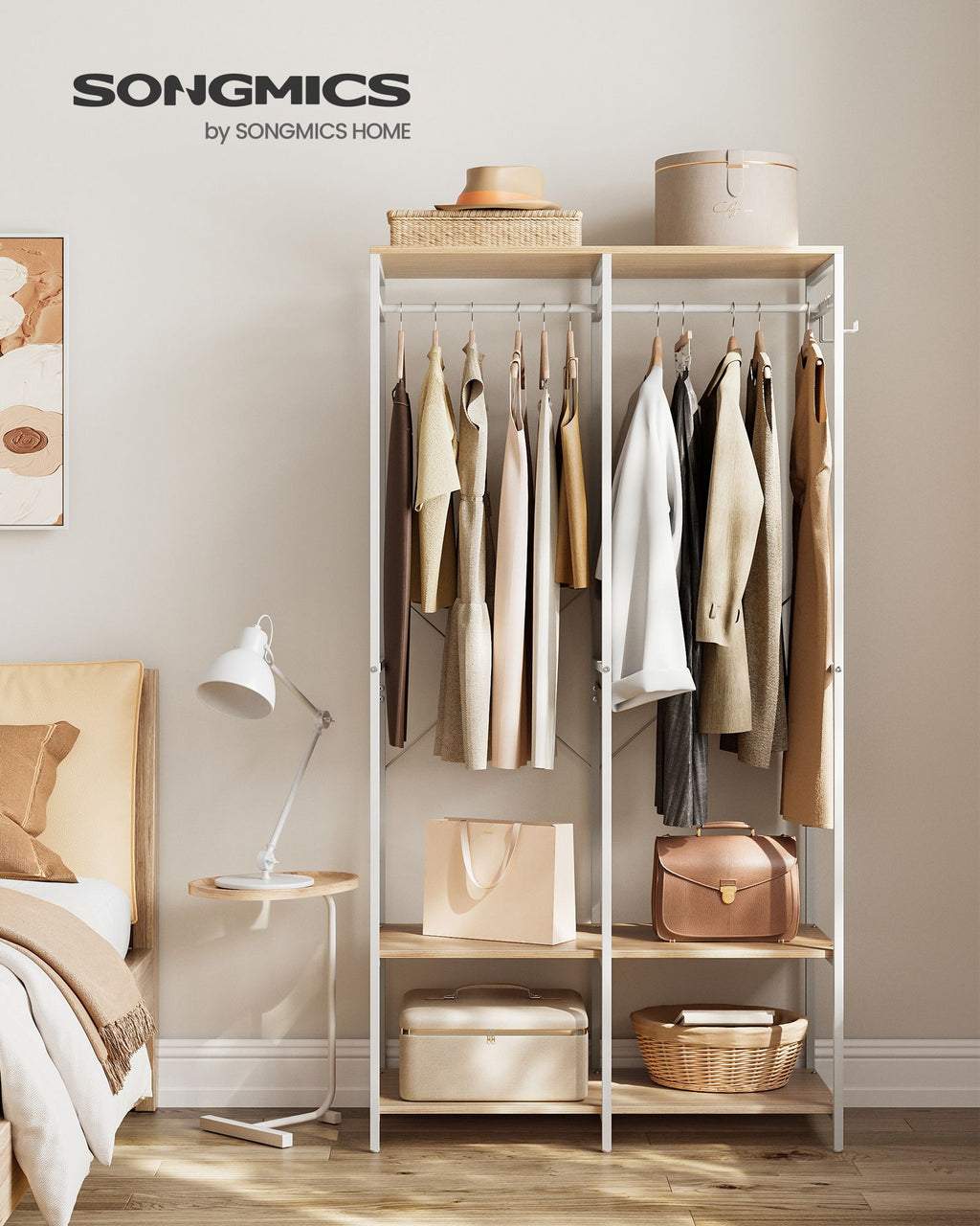 Kleiderschrank offen mit Kleiderstange naturbeige