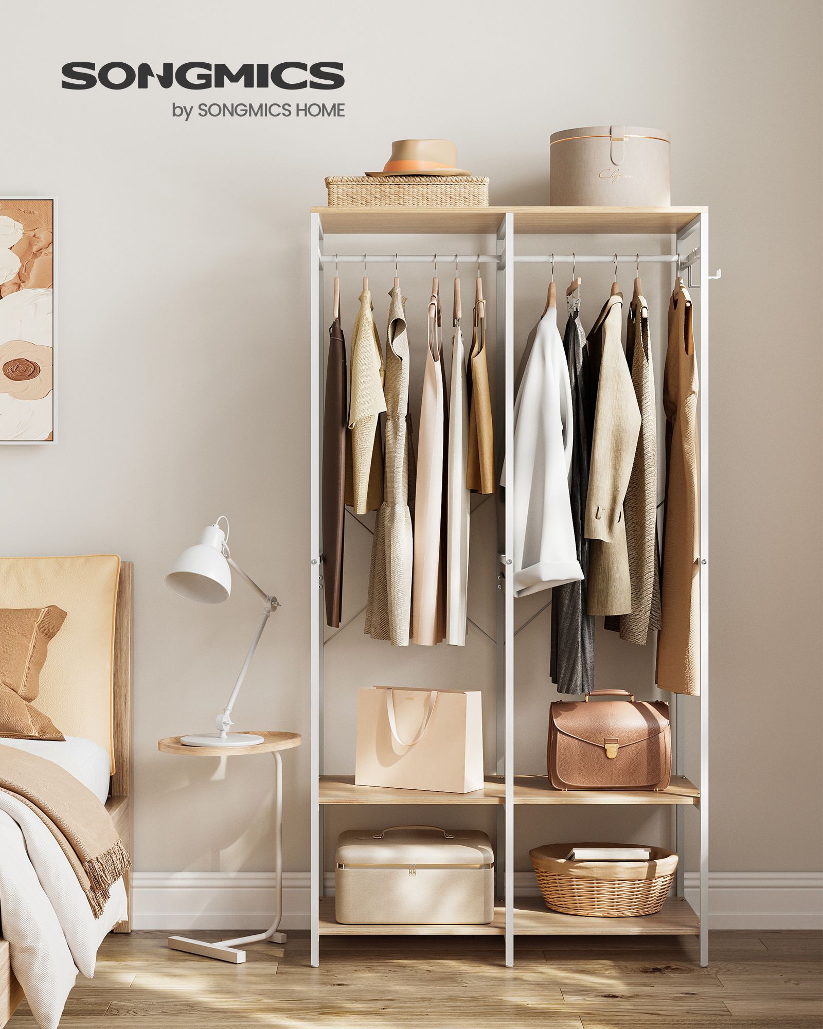 Kleiderschrank offen mit Kleiderstange naturbeige