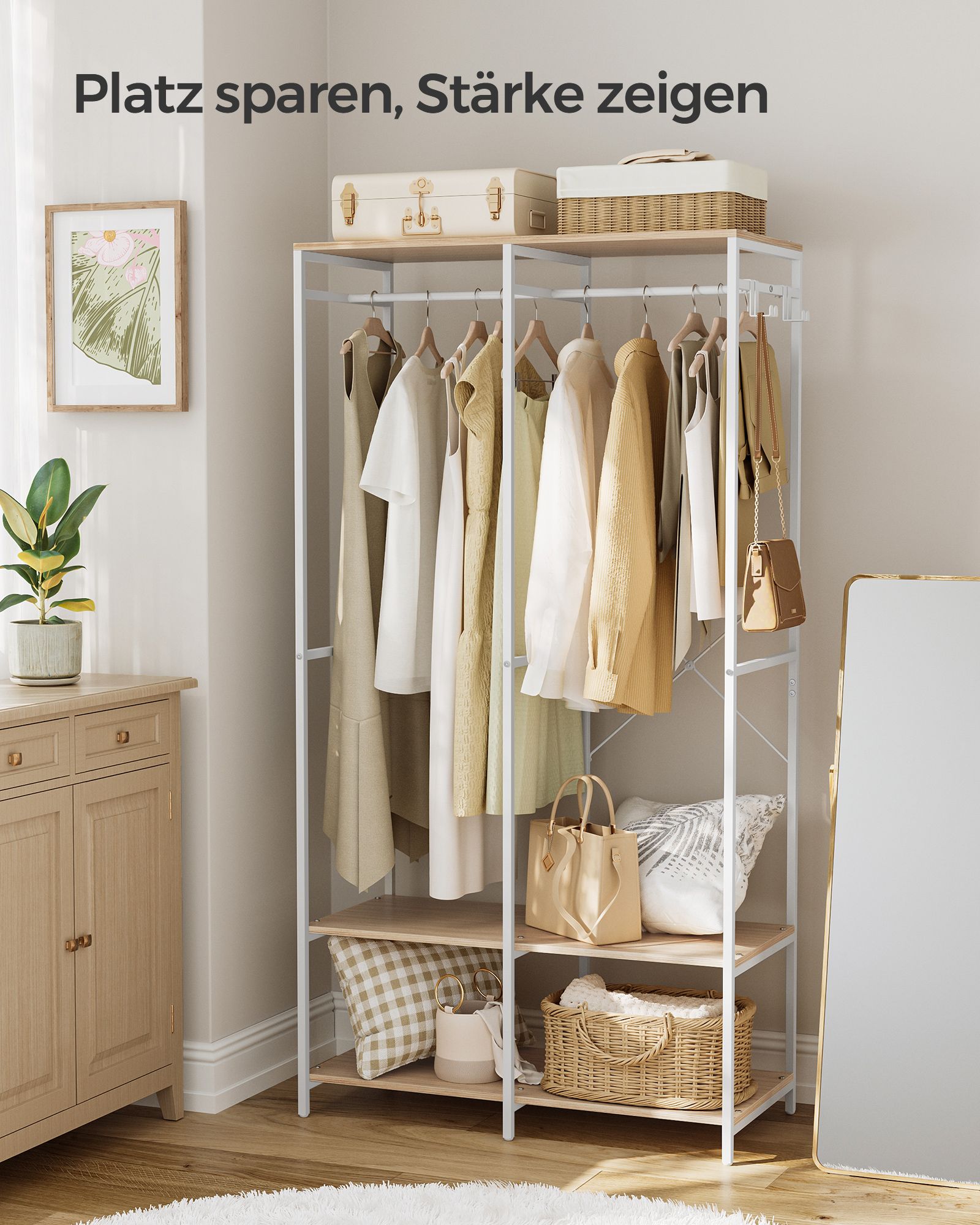Kleiderschrank offen mit Kleiderstange naturbeige