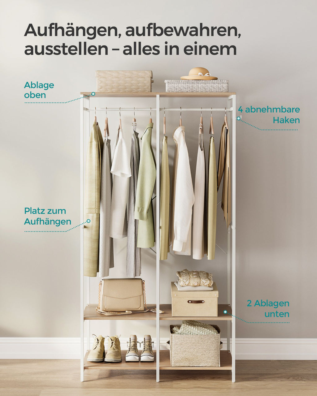 Kleiderschrank offen mit Kleiderstange naturbeige