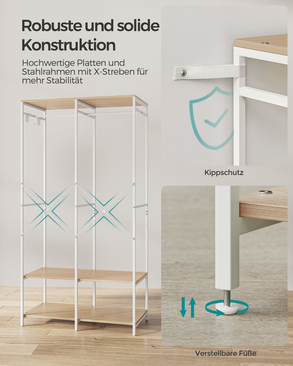 Kleiderschrank offen mit Kleiderstange naturbeige