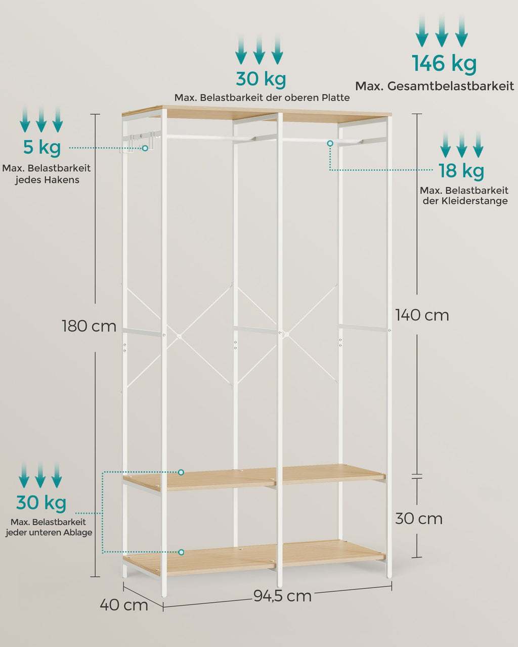 Kleiderschrank offen mit Kleiderstange naturbeige