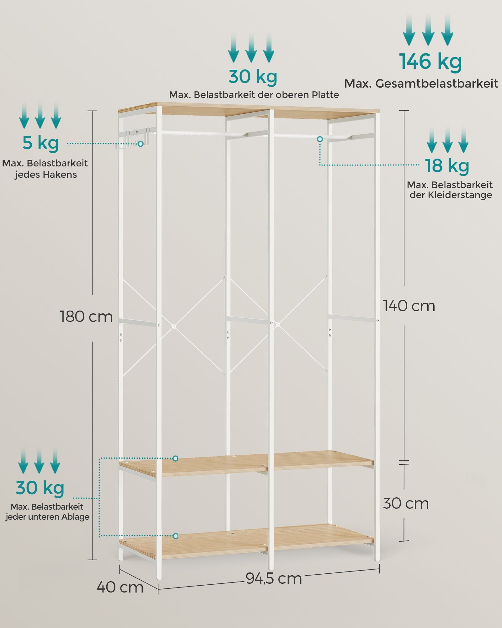 Kleiderschrank offen mit Kleiderstange naturbeige
