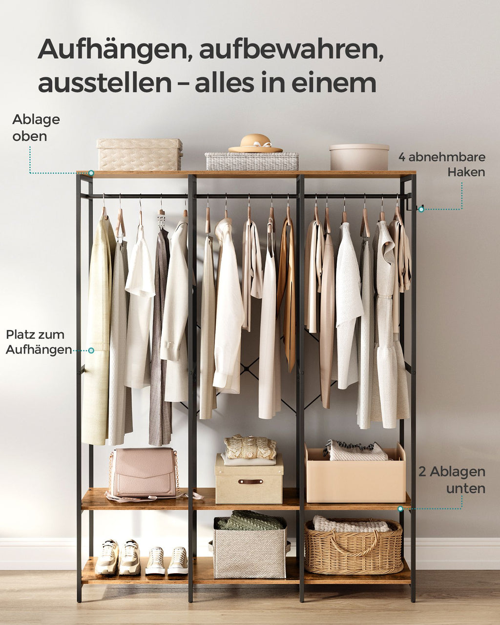 Kleiderschrank offen abnehmbare Haken vintagebraun