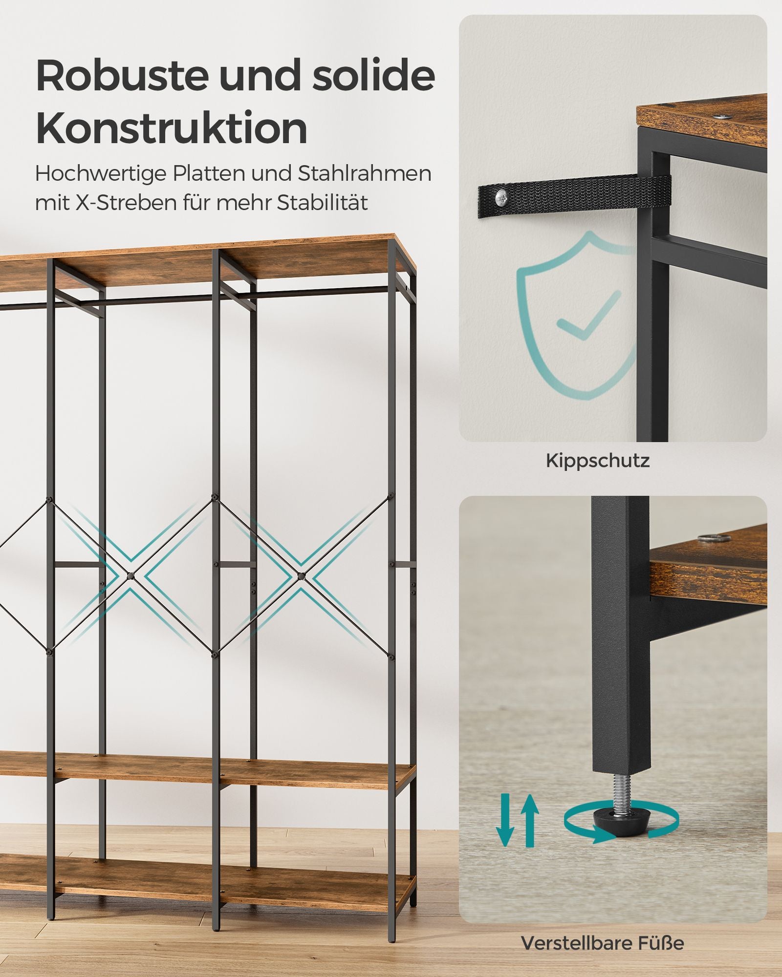 Kleiderschrank offen abnehmbare Haken vintagebraun