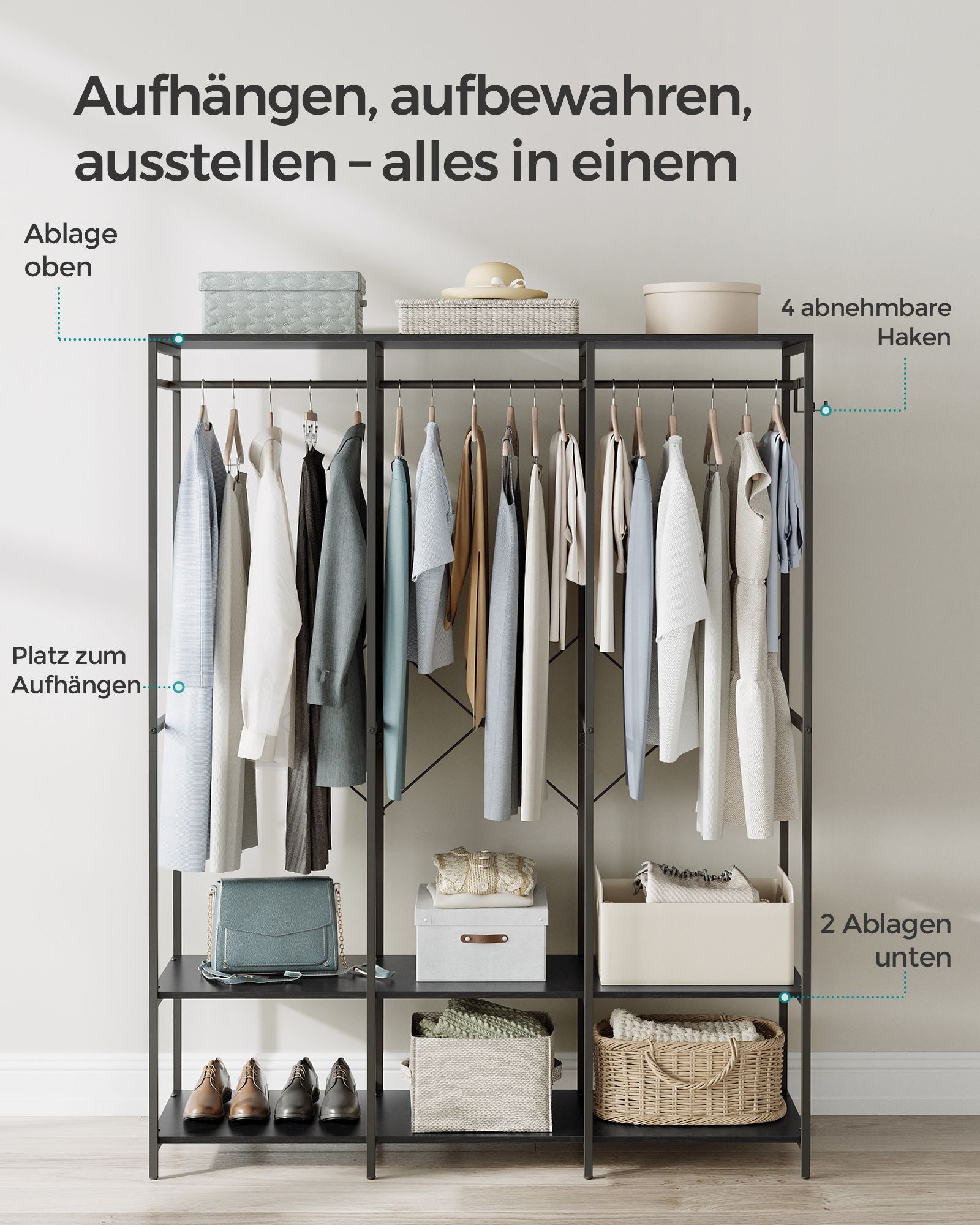 Kleiderschrank offen abnehmbare Haken ebenholzschwarz