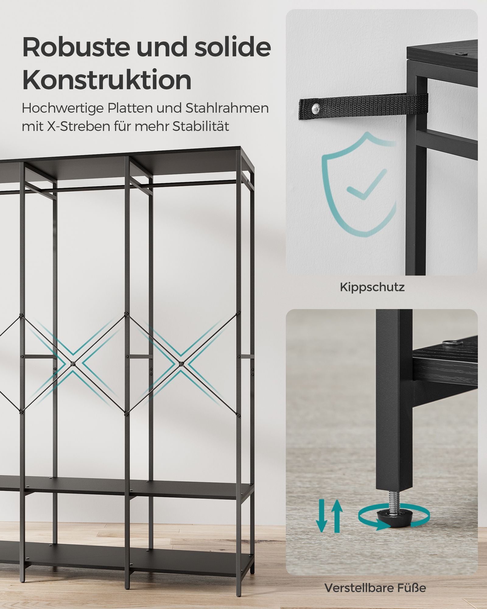 Kleiderschrank offen abnehmbare Haken ebenholzschwarz
