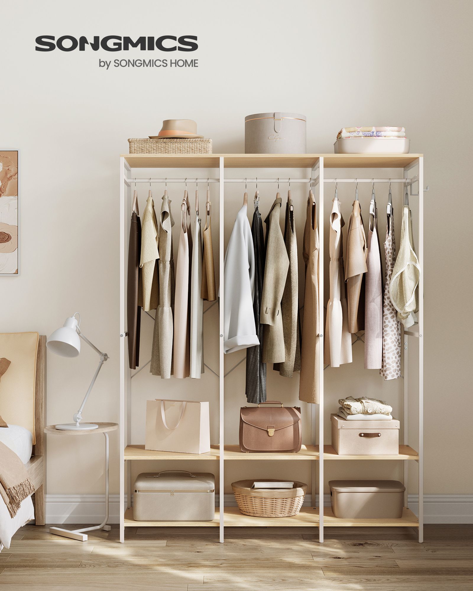 Kleiderschrank offen mit Kleiderstange naturbeige