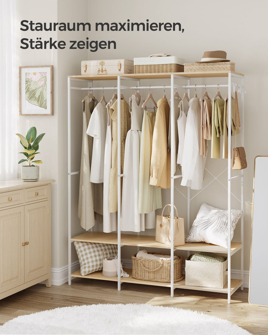 Kleiderschrank offen mit Kleiderstange naturbeige