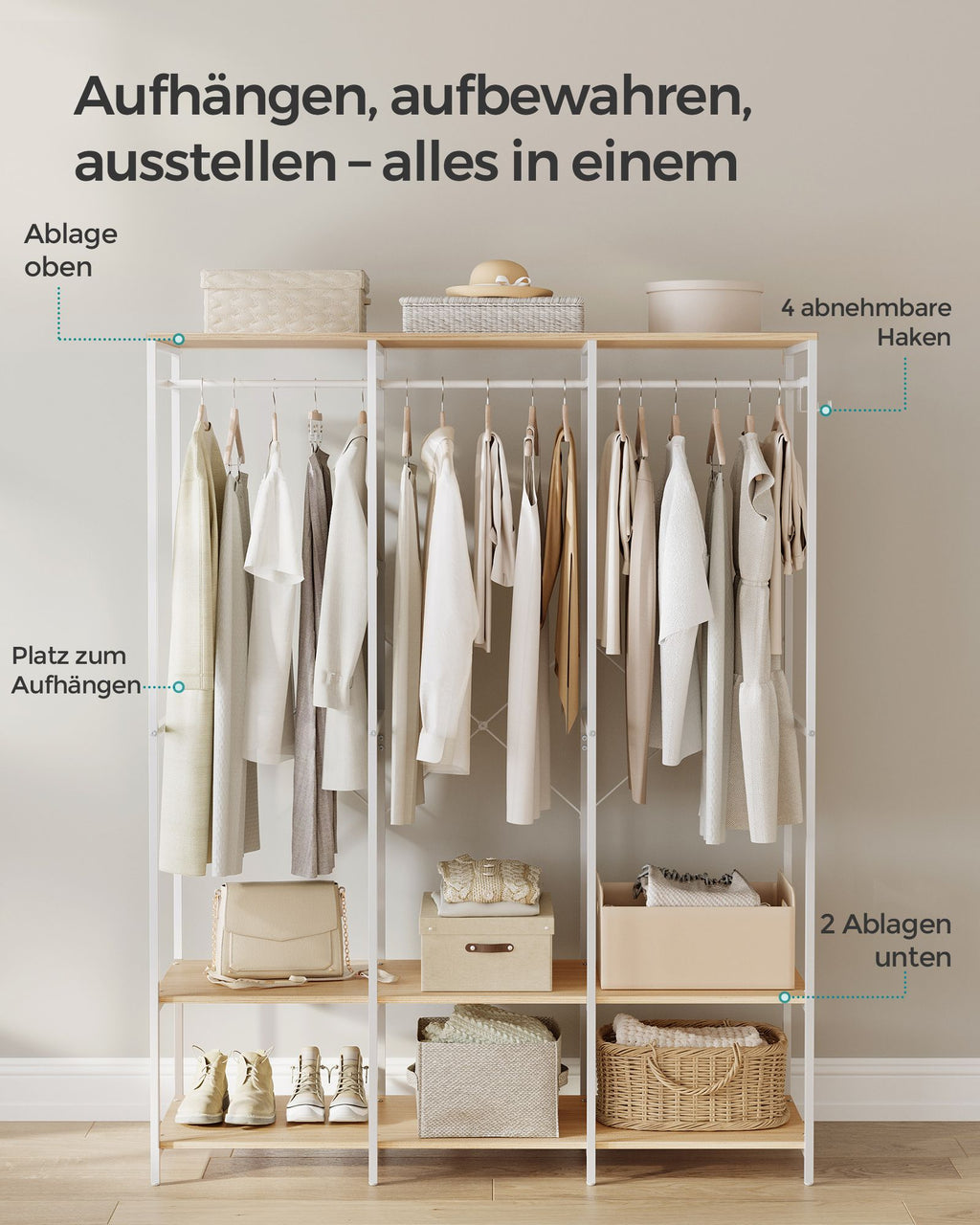 Kleiderschrank offen mit Kleiderstange naturbeige