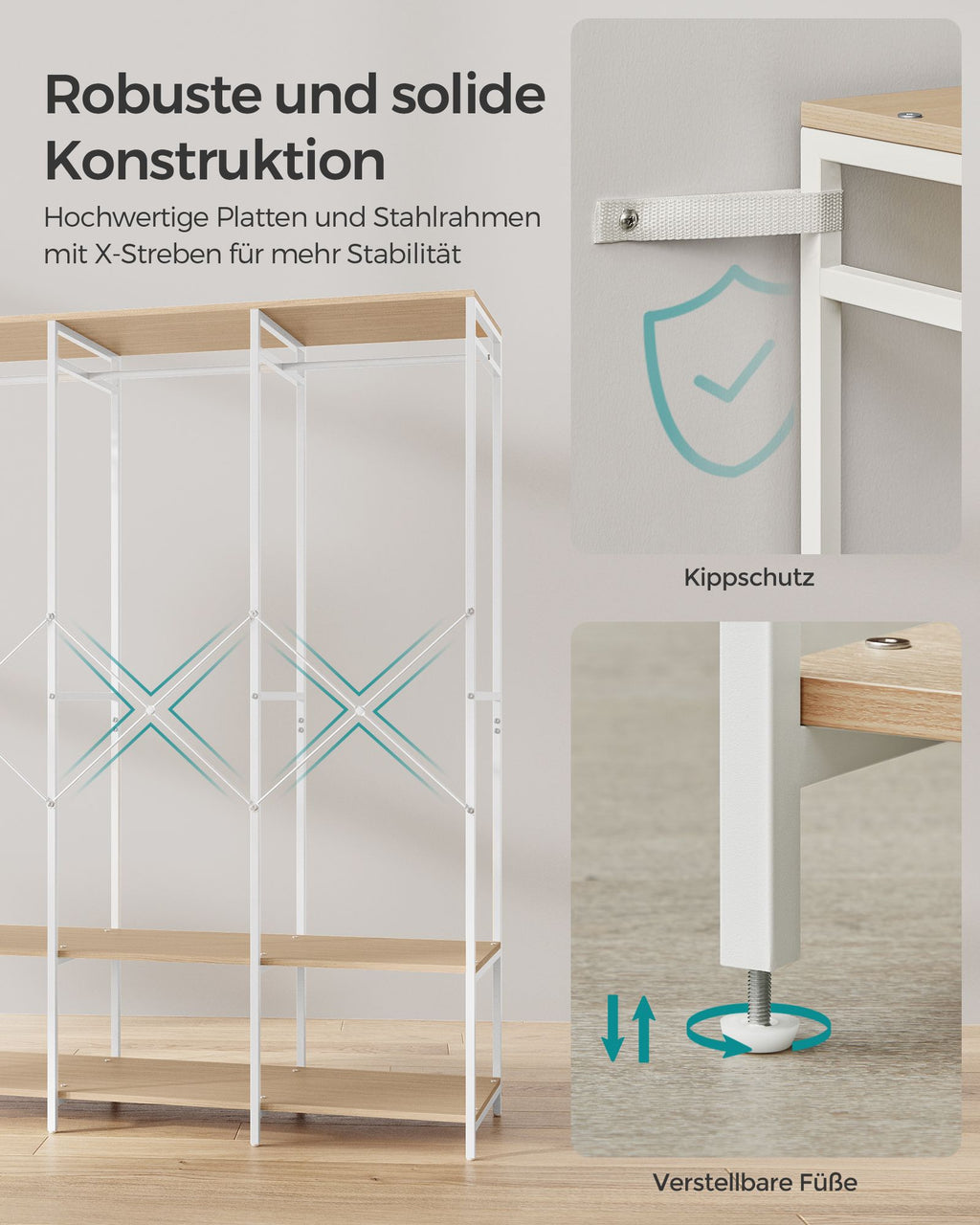 Kleiderschrank offen mit Kleiderstange naturbeige