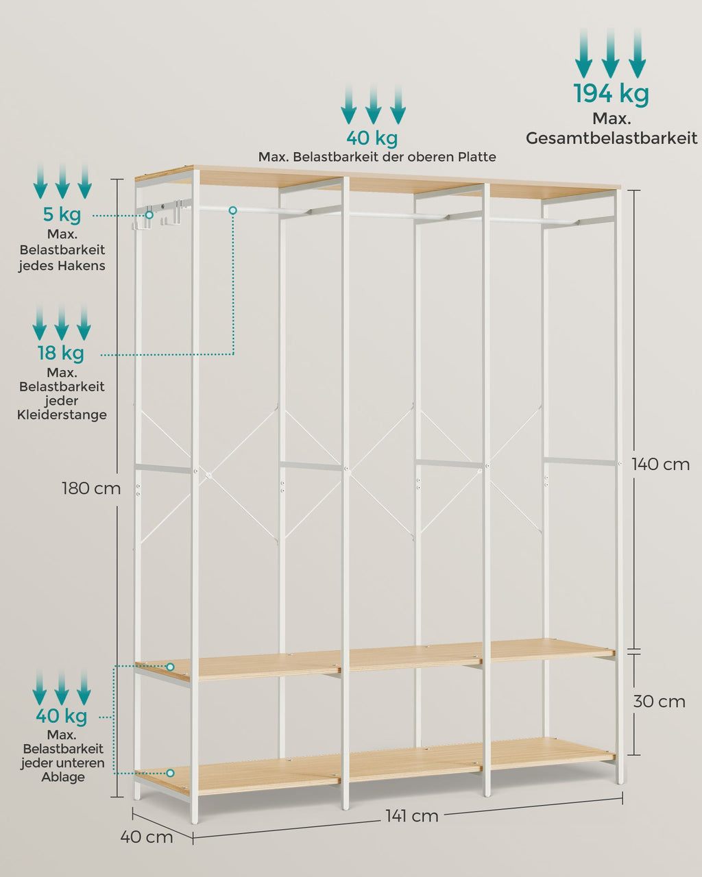 Kleiderschrank offen mit Kleiderstange naturbeige