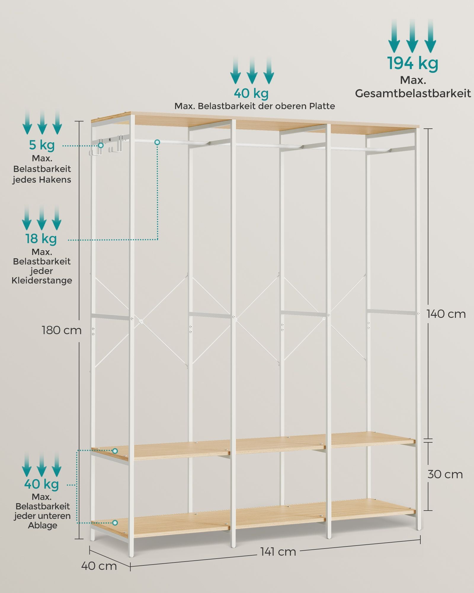 Kleiderschrank offen mit Kleiderstange naturbeige