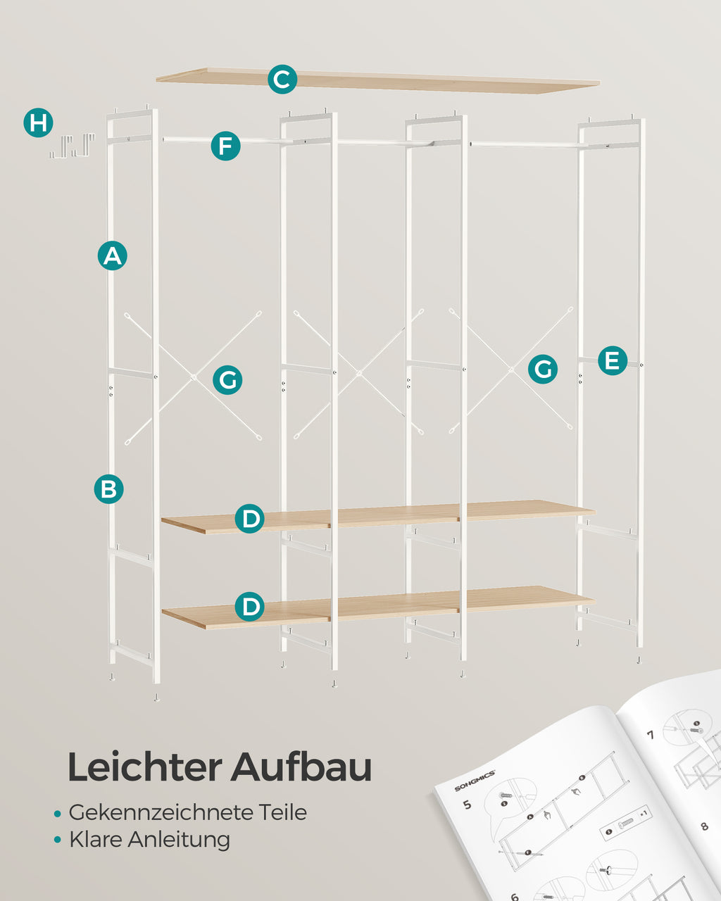 Kleiderschrank offen mit Kleiderstange naturbeige