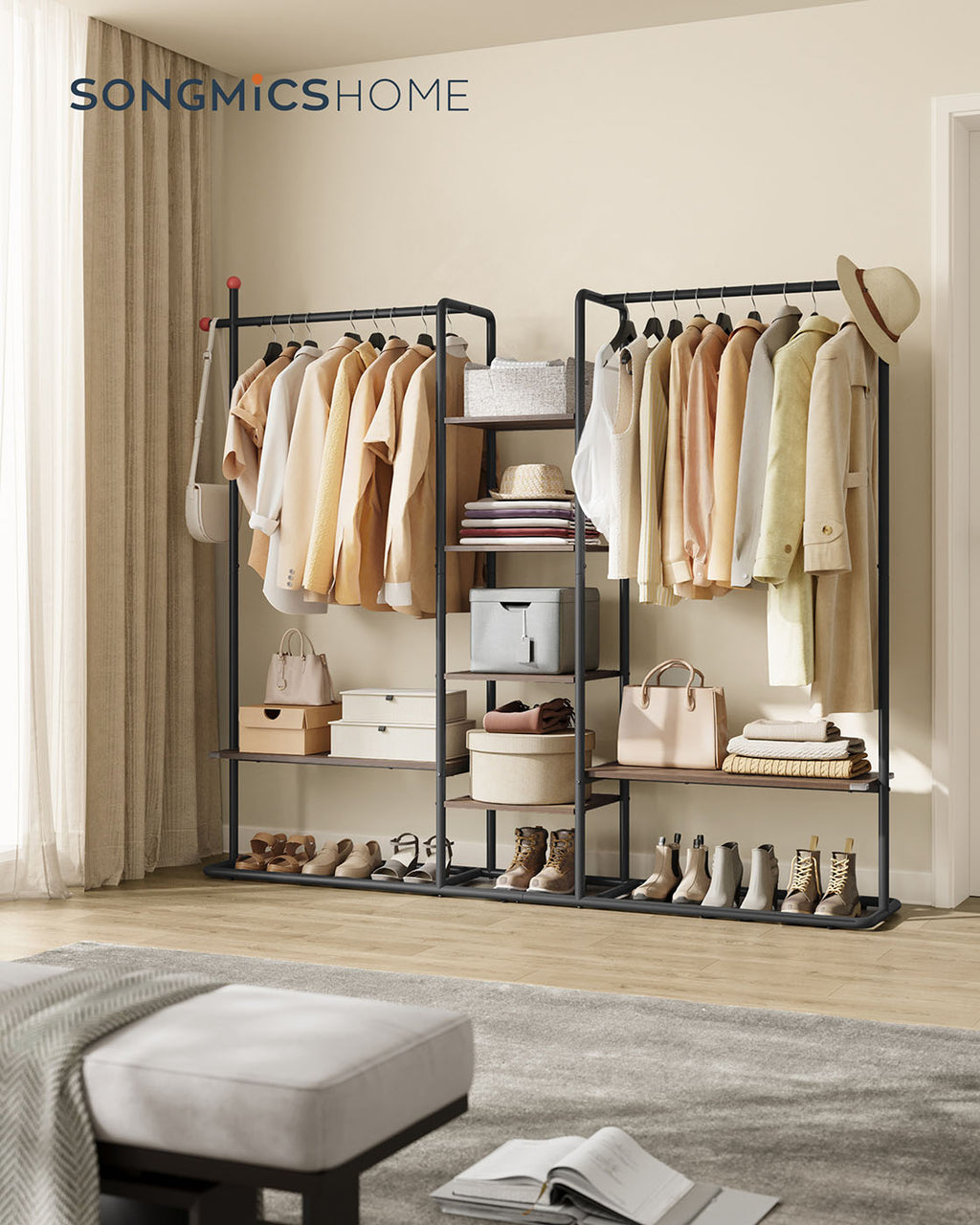 Garderobenständer mit 6 Ablagen naturwalnussfarben-tintenschwarz