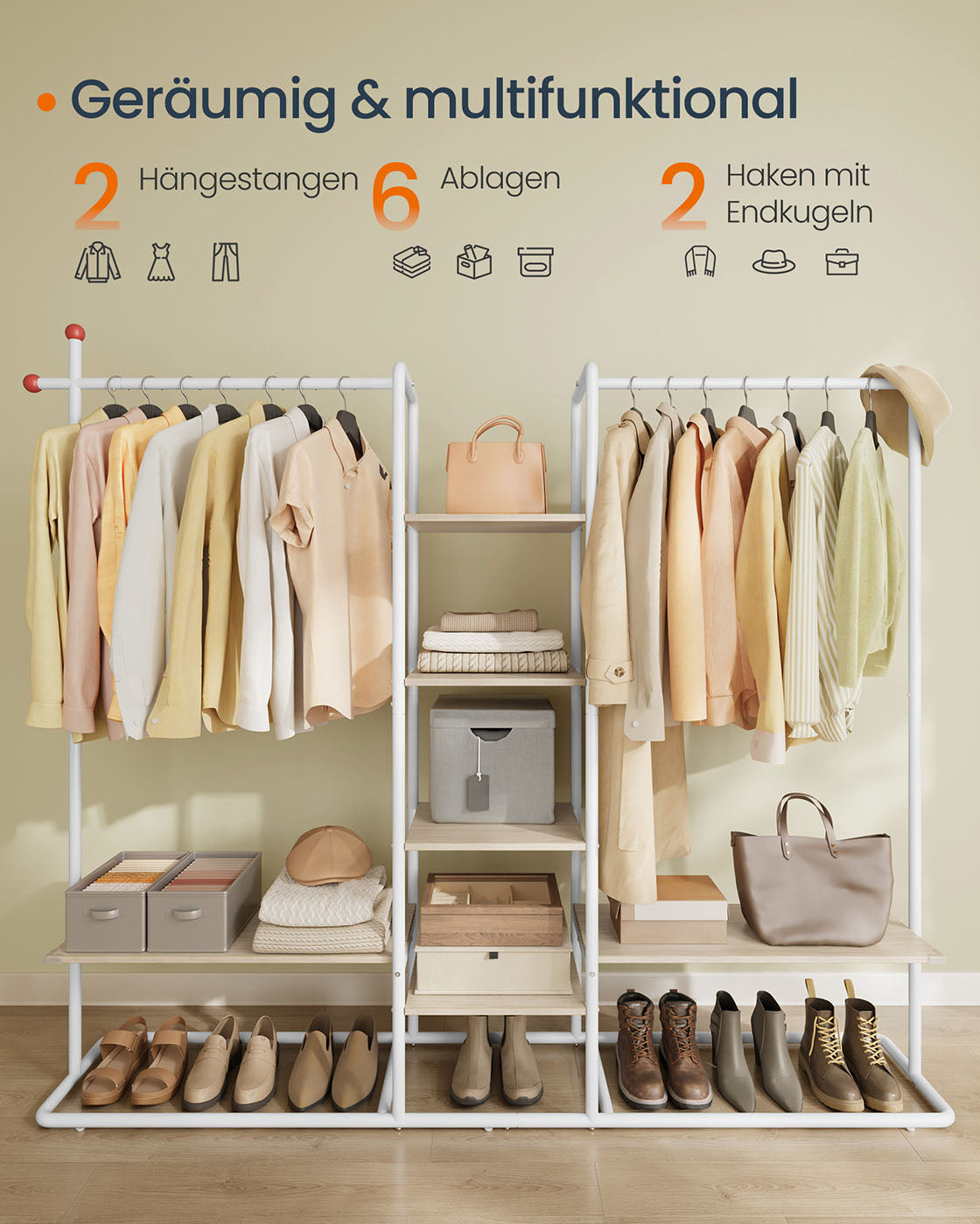 Garderobenständer mit 6 Ablagen naturbeige-mattweiß