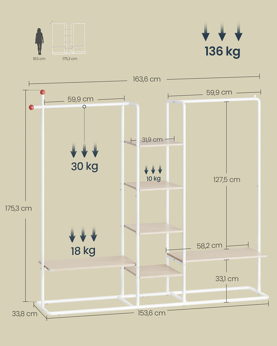 Garderobenständer mit 6 Ablagen naturbeige-mattweiß