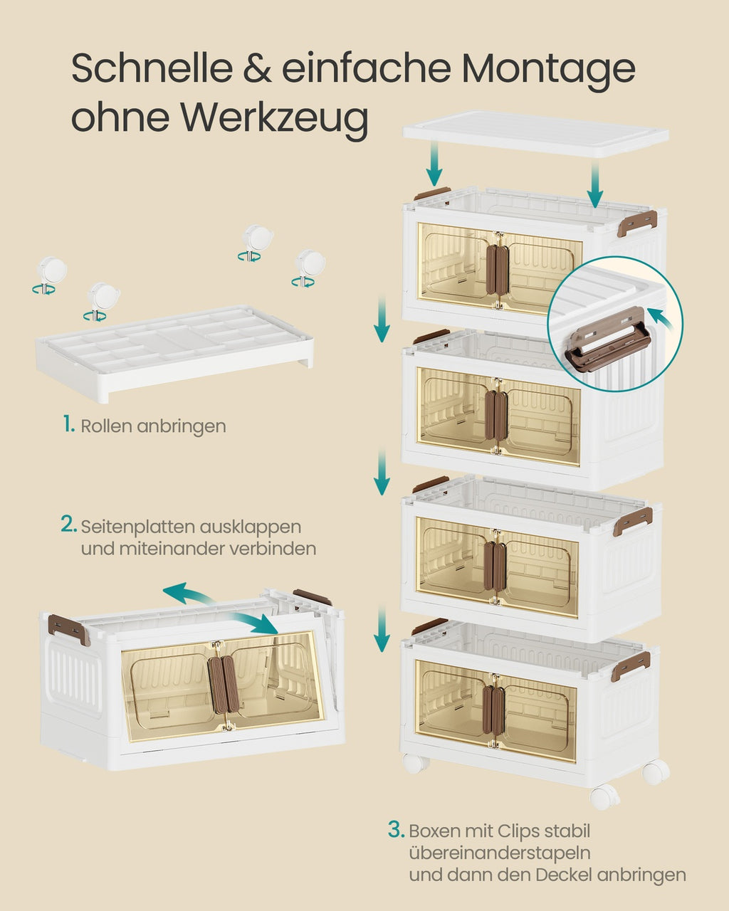 Stapelbare Aufbewahrungsboxen mit Rollen und Deckel