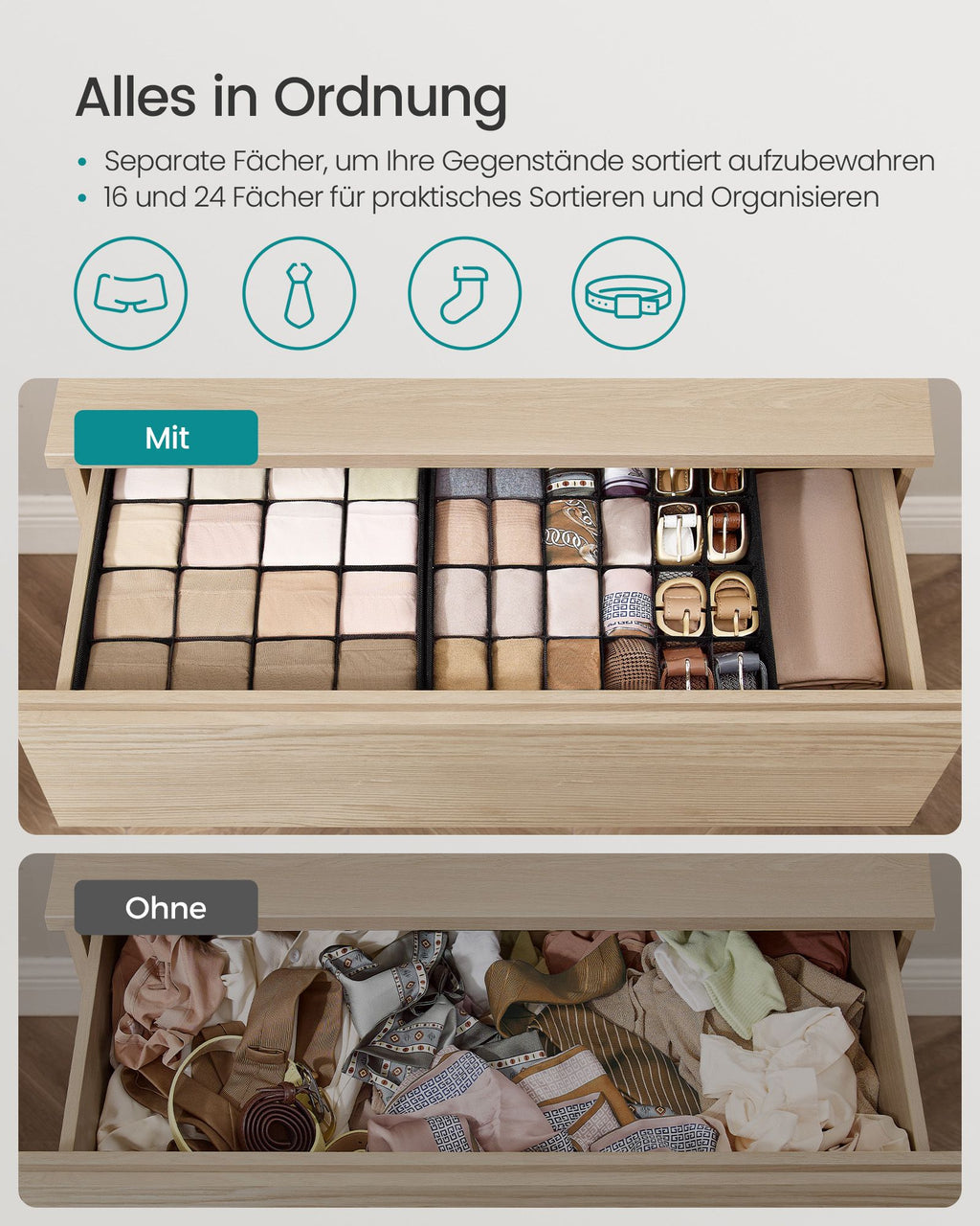 Unterwäsche-Organizer 4er Set mit 80 Fächern tintenschwarz