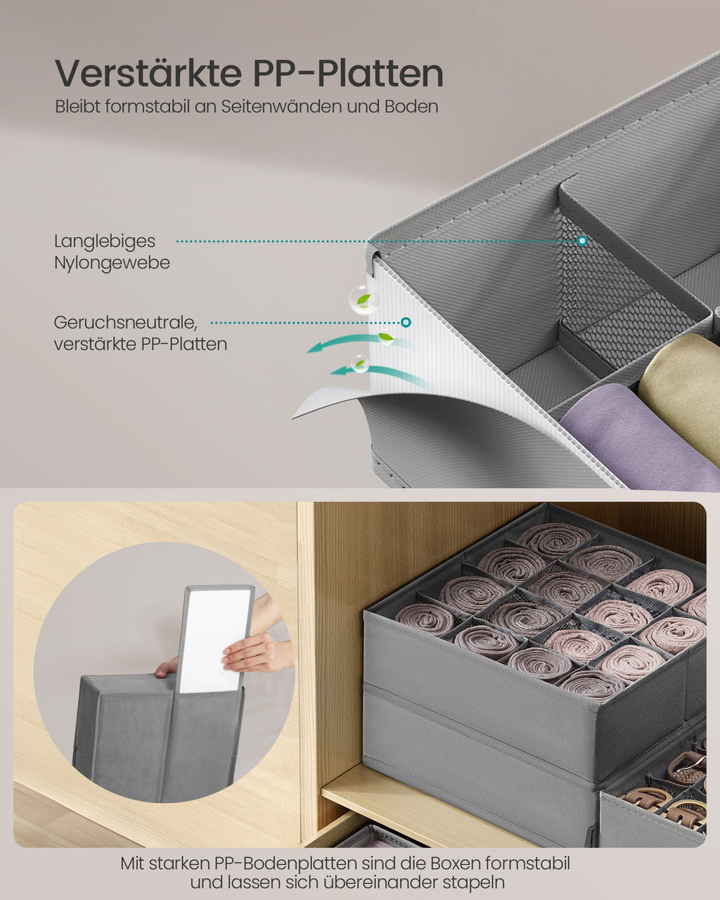 Unterwäsche-Organizer 6er Set mit 120 Fächern taubengrau
