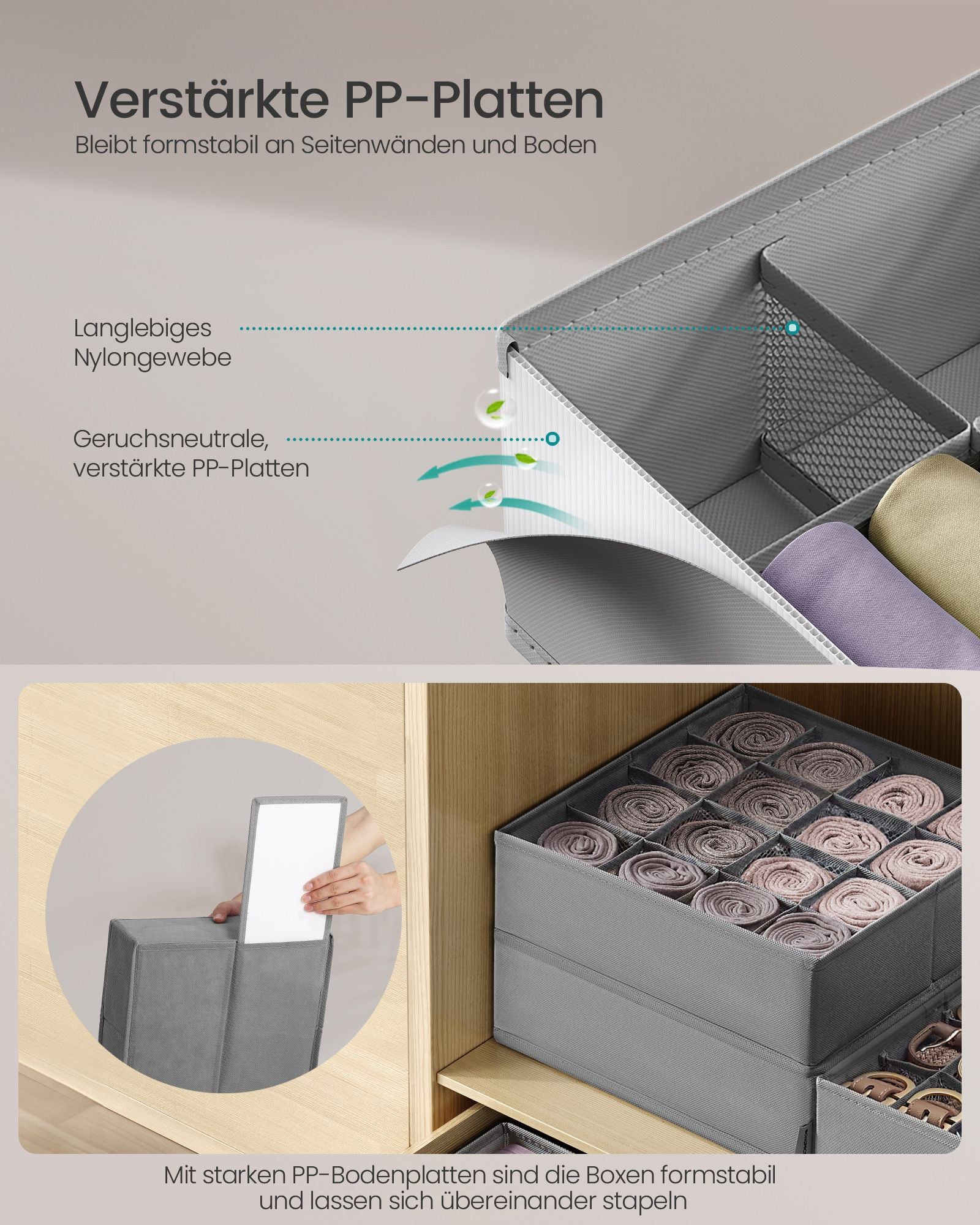 Unterwäsche-Organizer 6er Set mit 120 Fächern taubengrau