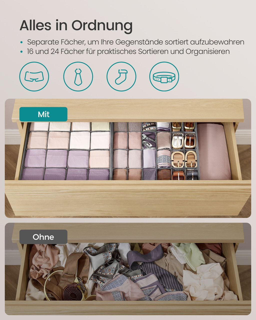 Unterwäsche-Organizer 6er Set mit 120 Fächern taubengrau