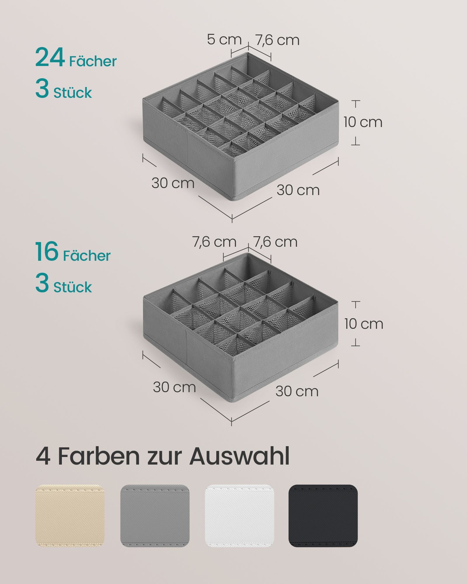 Unterwäsche-Organizer 6er Set mit 120 Fächern taubengrau