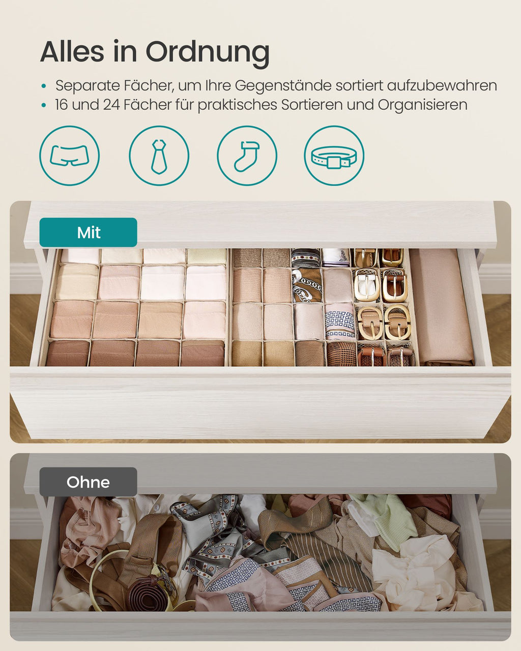 Unterwäsche-Organizer 4er Set mit 80 Fächern sandbeige