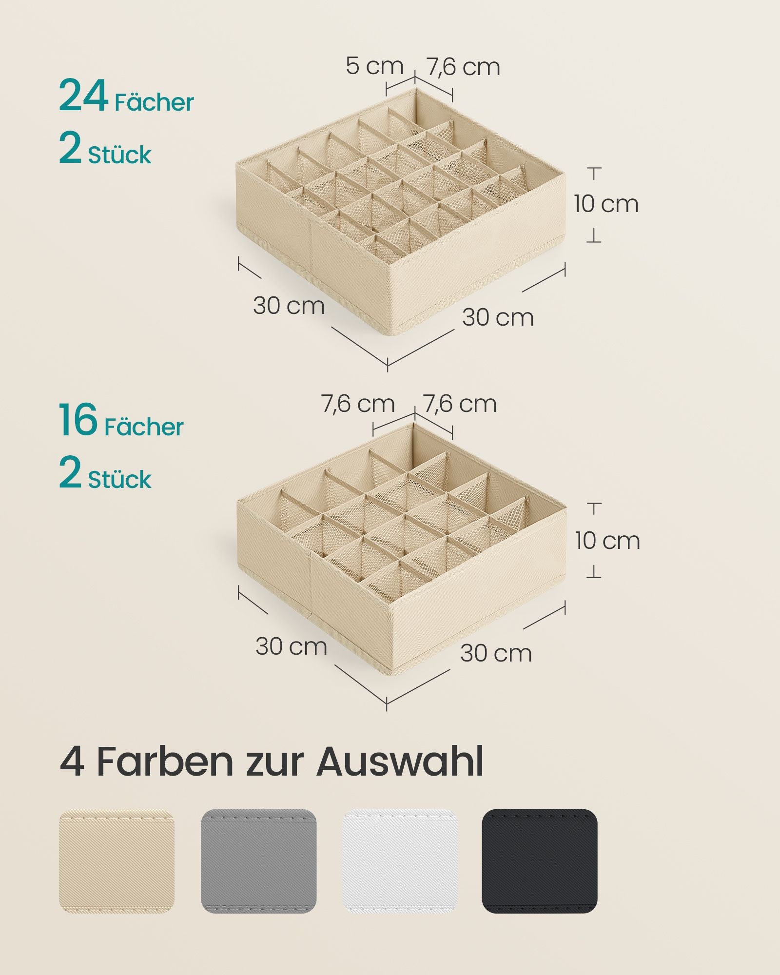 Unterwäsche-Organizer 4er Set mit 80 Fächern sandbeige