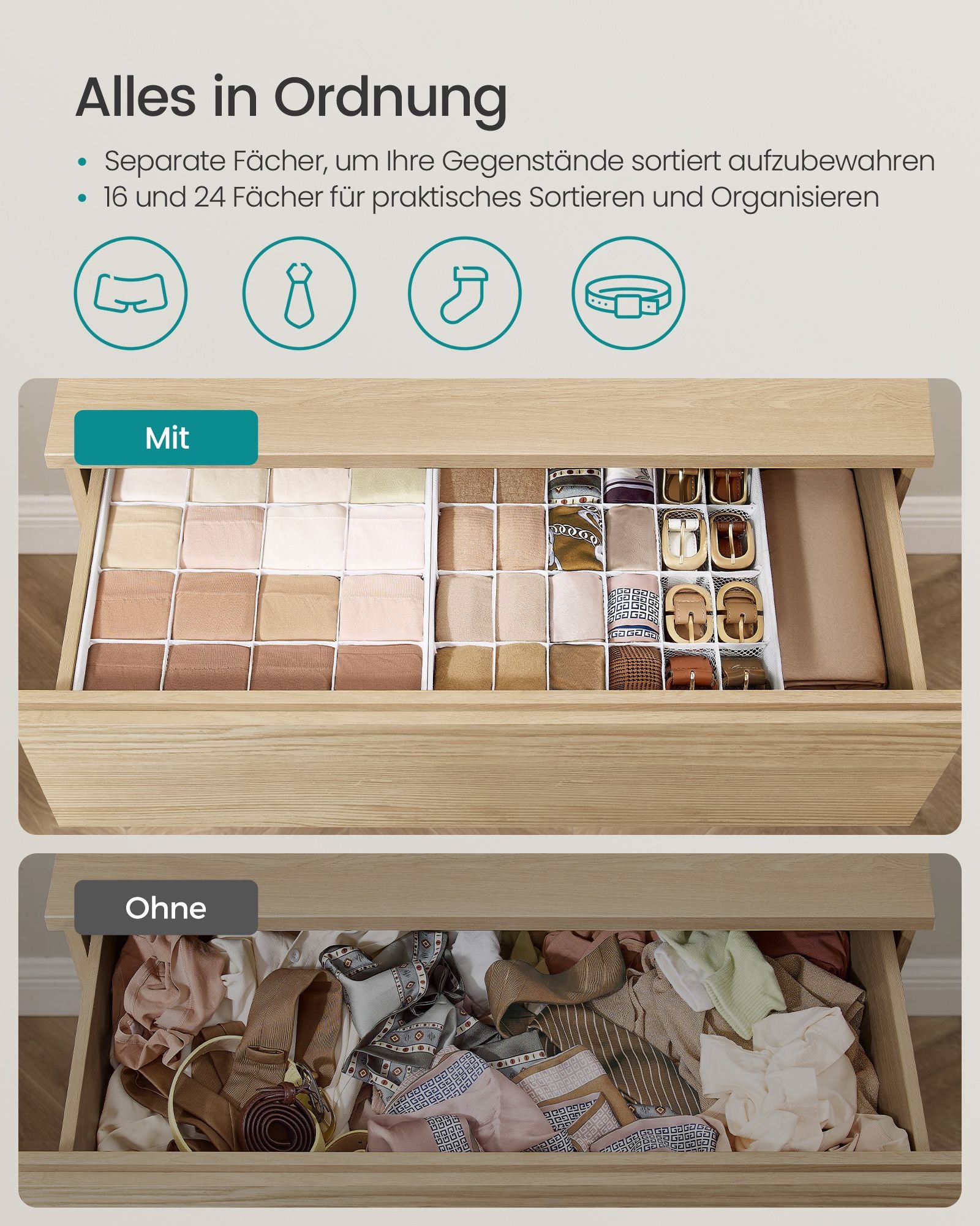 Unterwäsche-Organizer 4er Set mit 80 Fächern cremeweiß