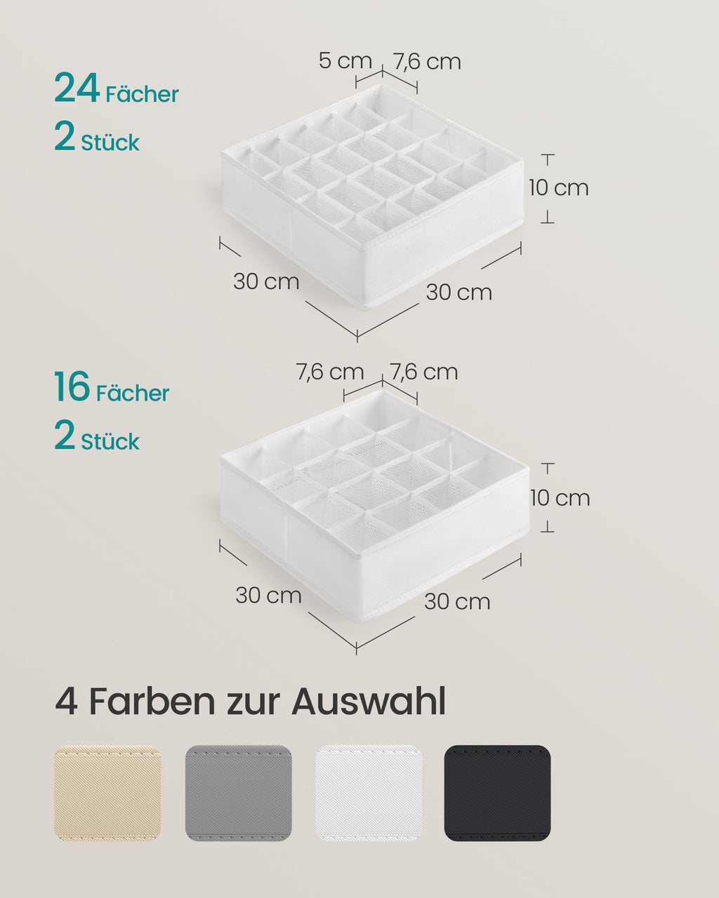 Unterwäsche-Organizer 4er Set mit 80 Fächern cremeweiß