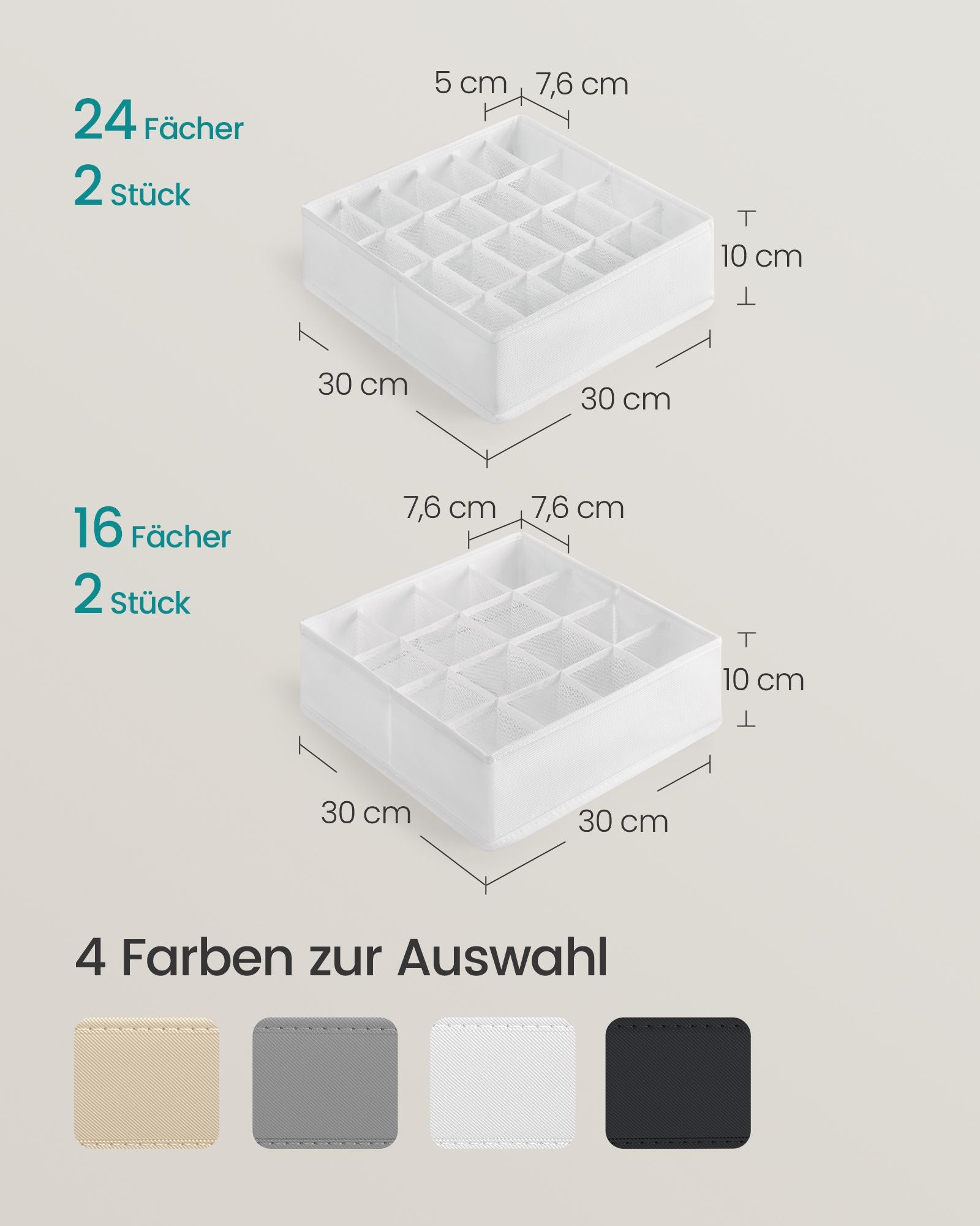 Unterwäsche-Organizer 4er Set mit 80 Fächern cremeweiß
