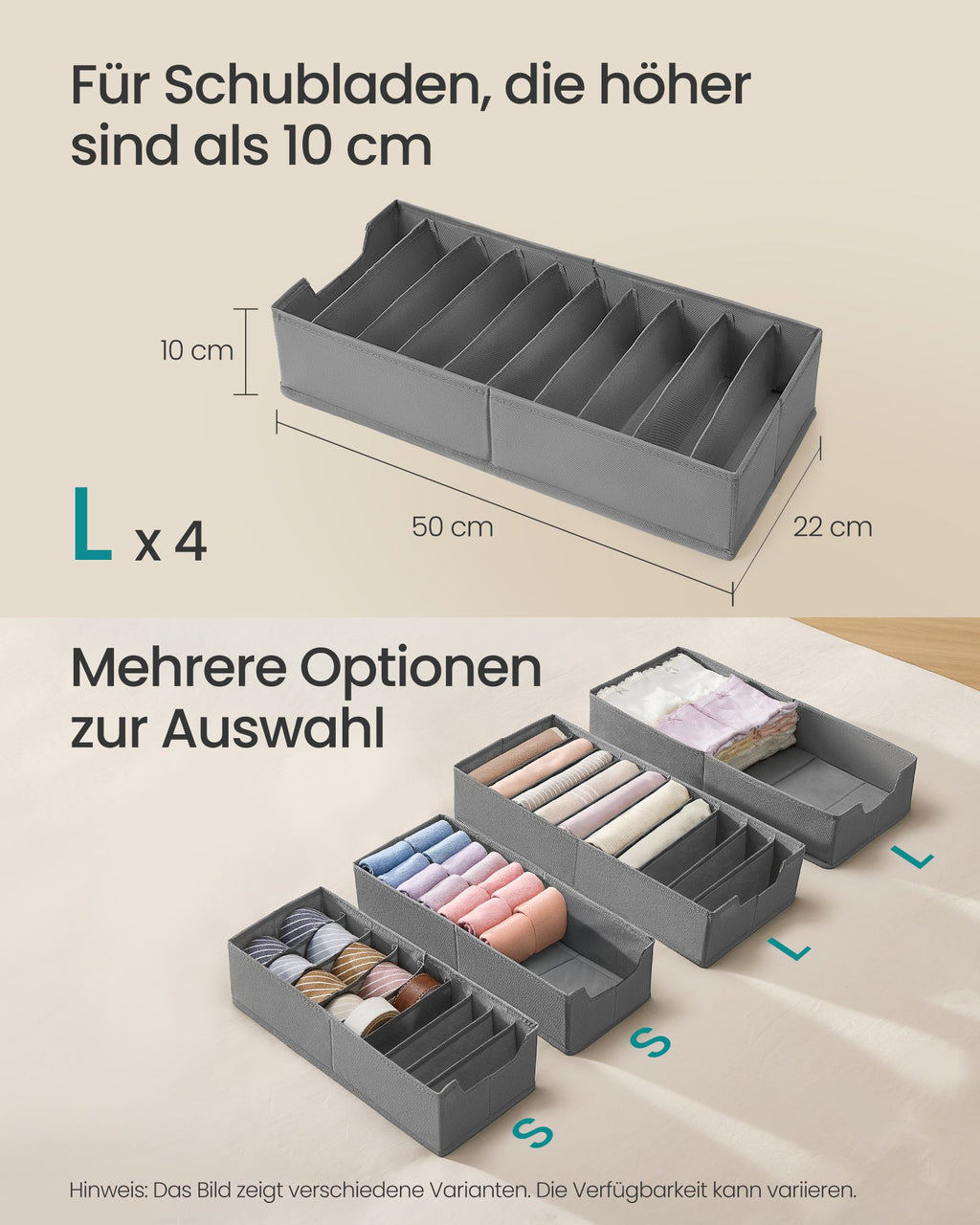 SONGMICS Unterwäsche-Organizer 4er Set, Schubladen-Organizer für IKEA PAX Kleiderschrank, mit Trennwänden, Kleiderschrank-Organizer faltbar, 50 x 22 x 10 cm für Socken, taubengrau