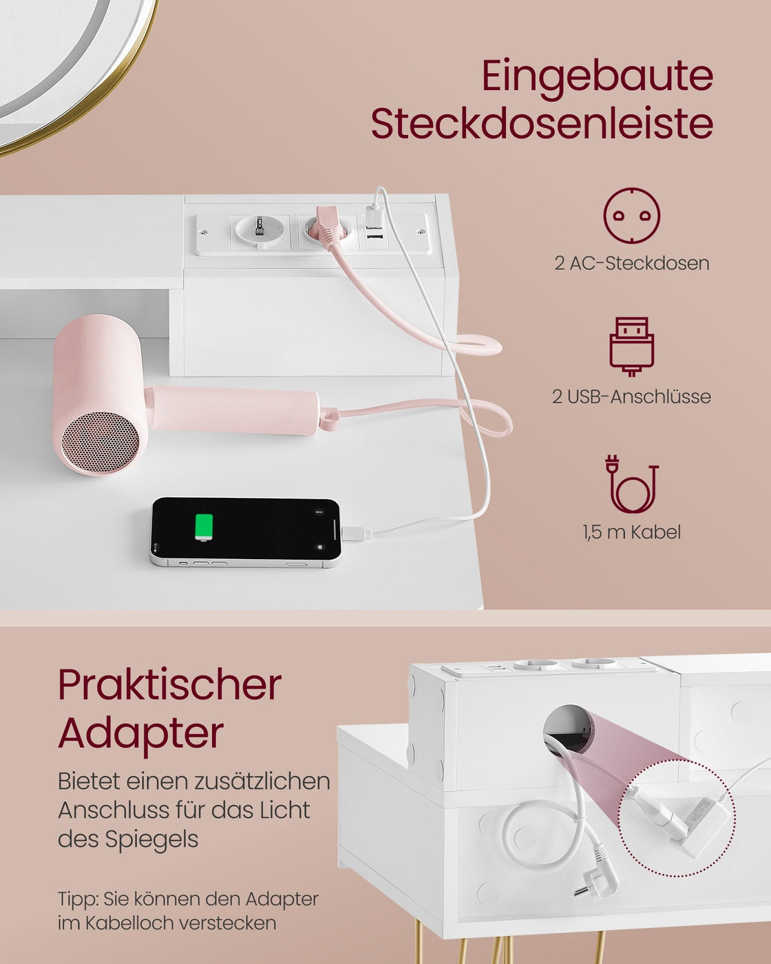 Schminktisch mit Hocker und Beleuchtung 40 x 80 x 134,8 cm