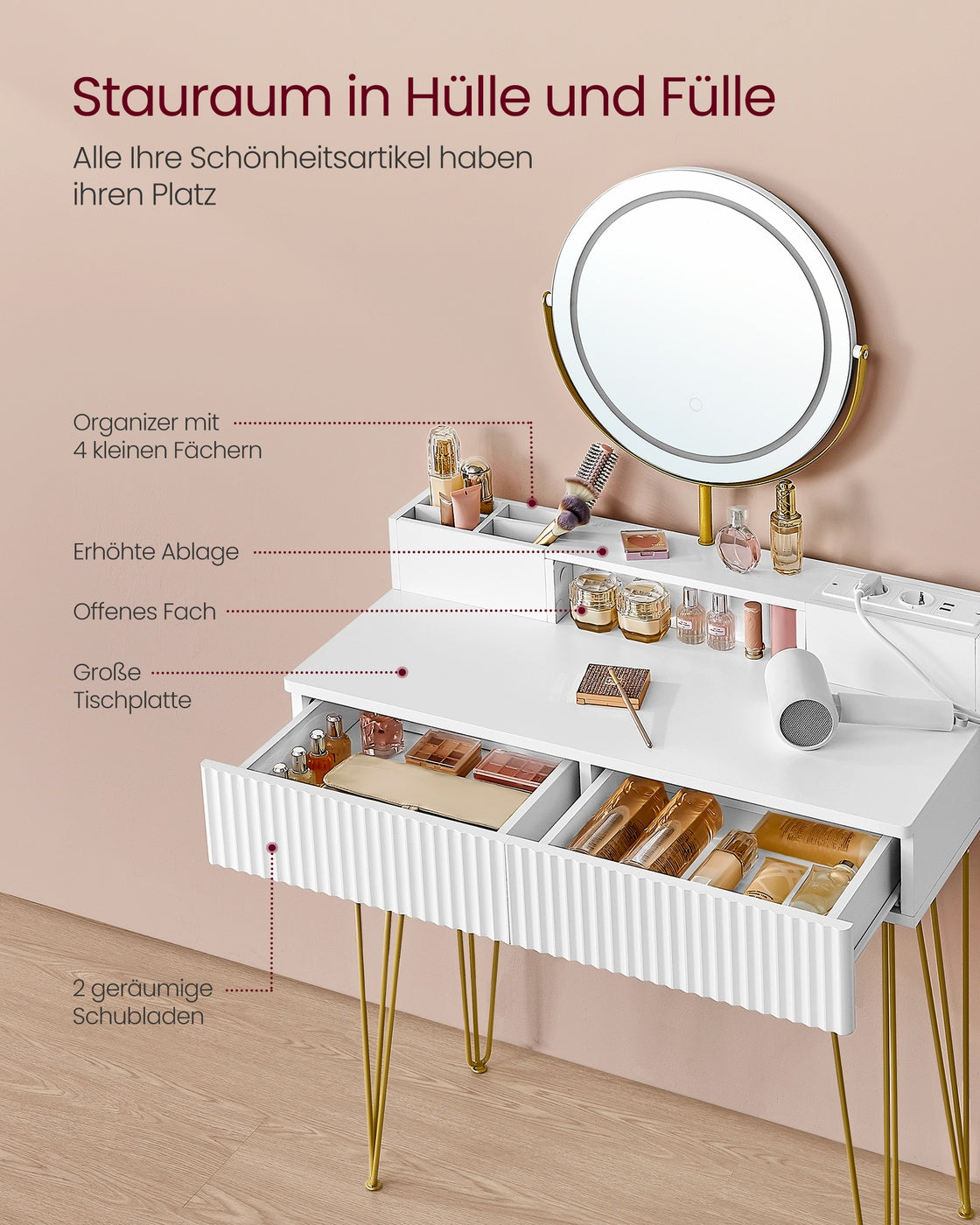 Schminktisch mit Hocker und Beleuchtung 40 x 80 x 134,8 cm
