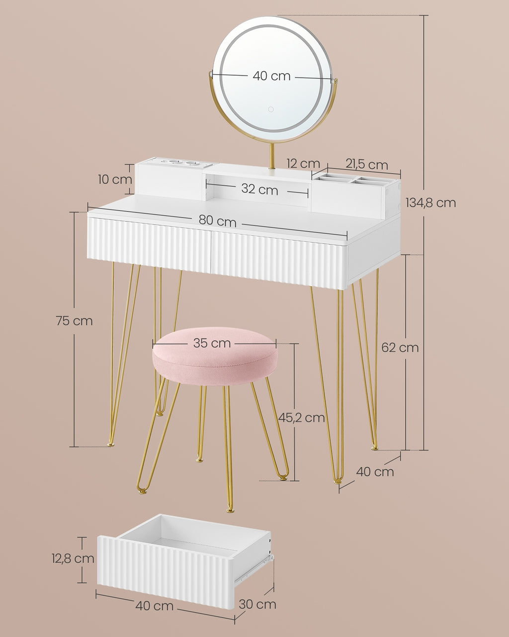 Schminktisch mit Hocker und Beleuchtung 40 x 80 x 134,8 cm