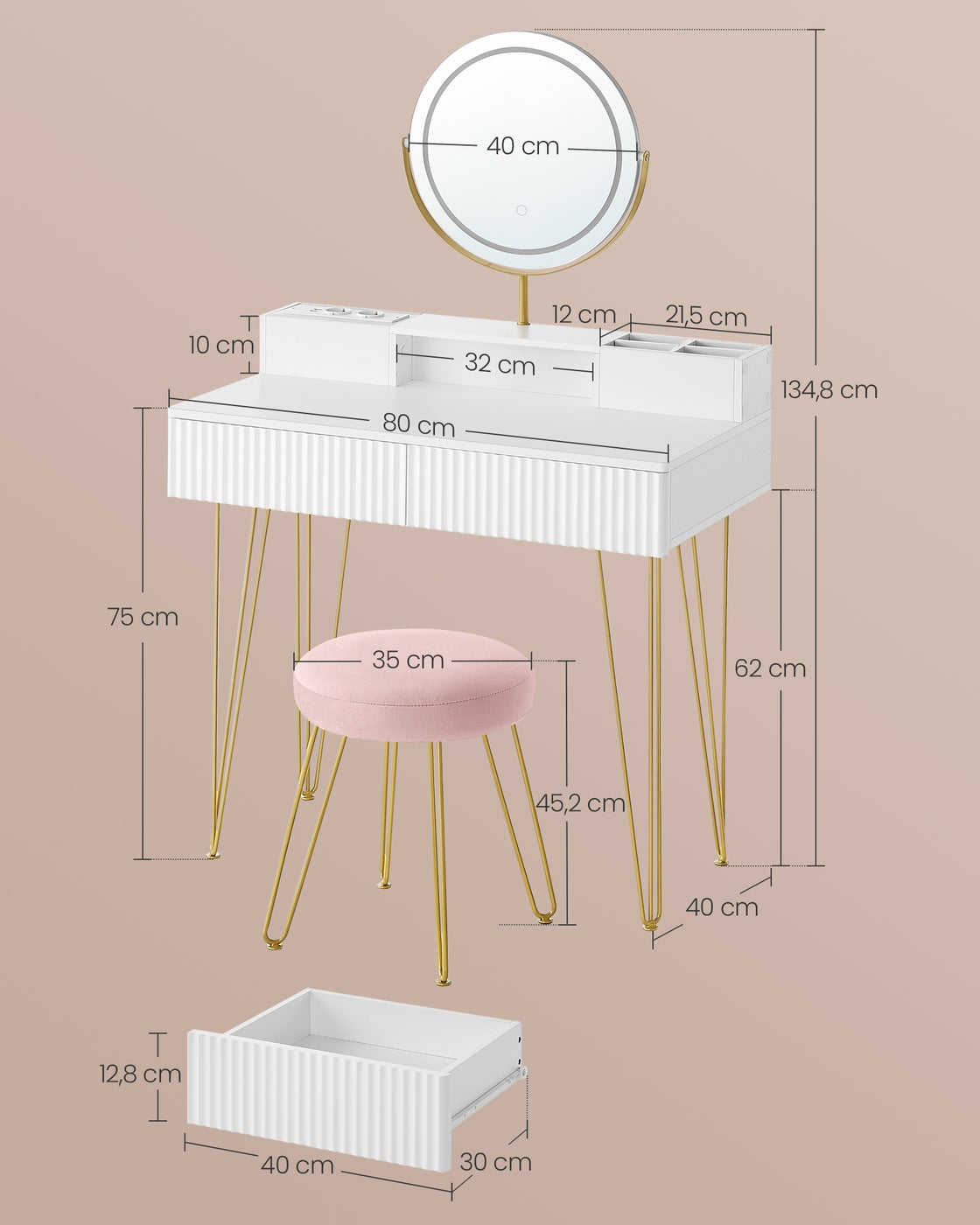 Schminktisch mit Hocker und Beleuchtung 40 x 80 x 134,8 cm