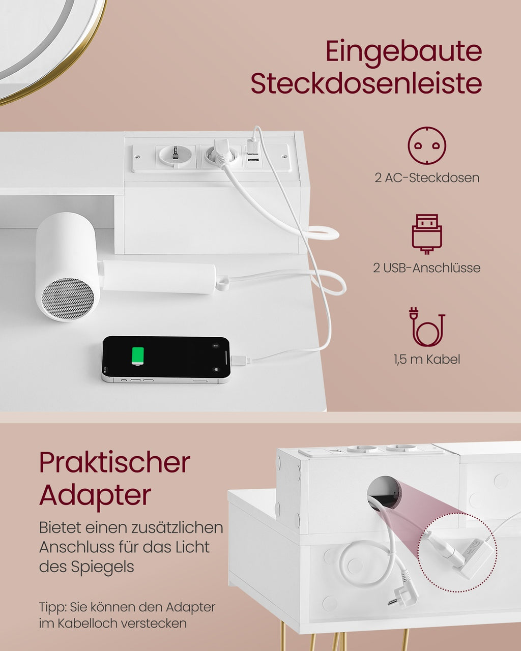 Schminktisch mit Hocker und Beleuchtung 40 x 100 x 134,8 cm